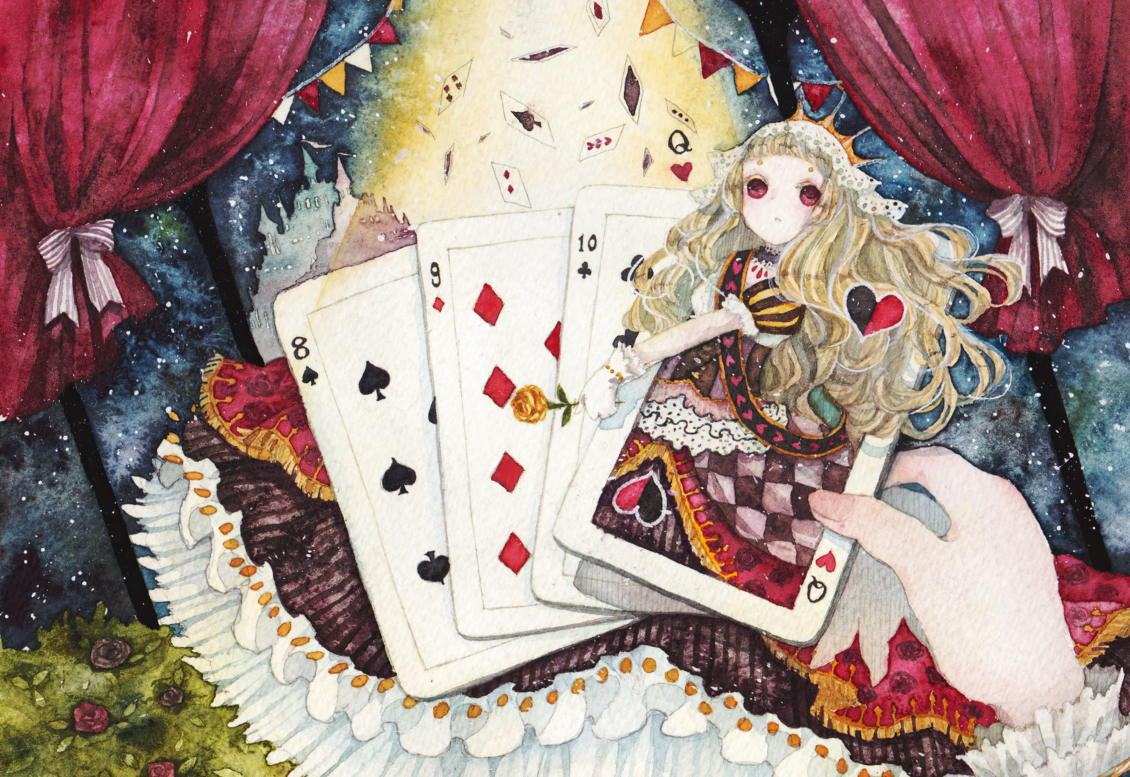 Download mobile wallpaper Anime, Crown, Blonde, Original, Card, Red Eyes, Long Hair for free.
