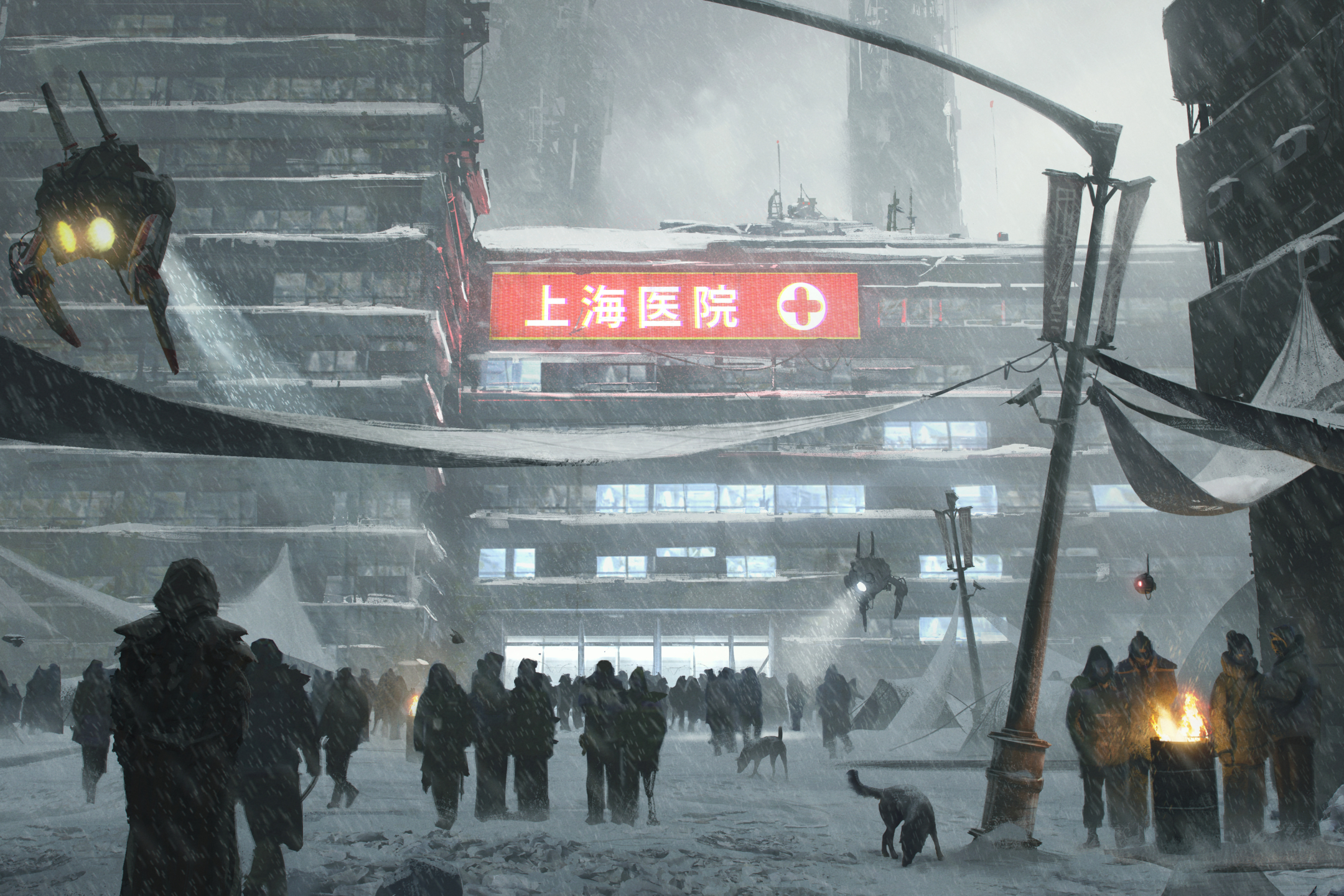 Download mobile wallpaper People, Winter, Snow, Building, Cyberpunk, Robot, Sci Fi, Snowfall for free.