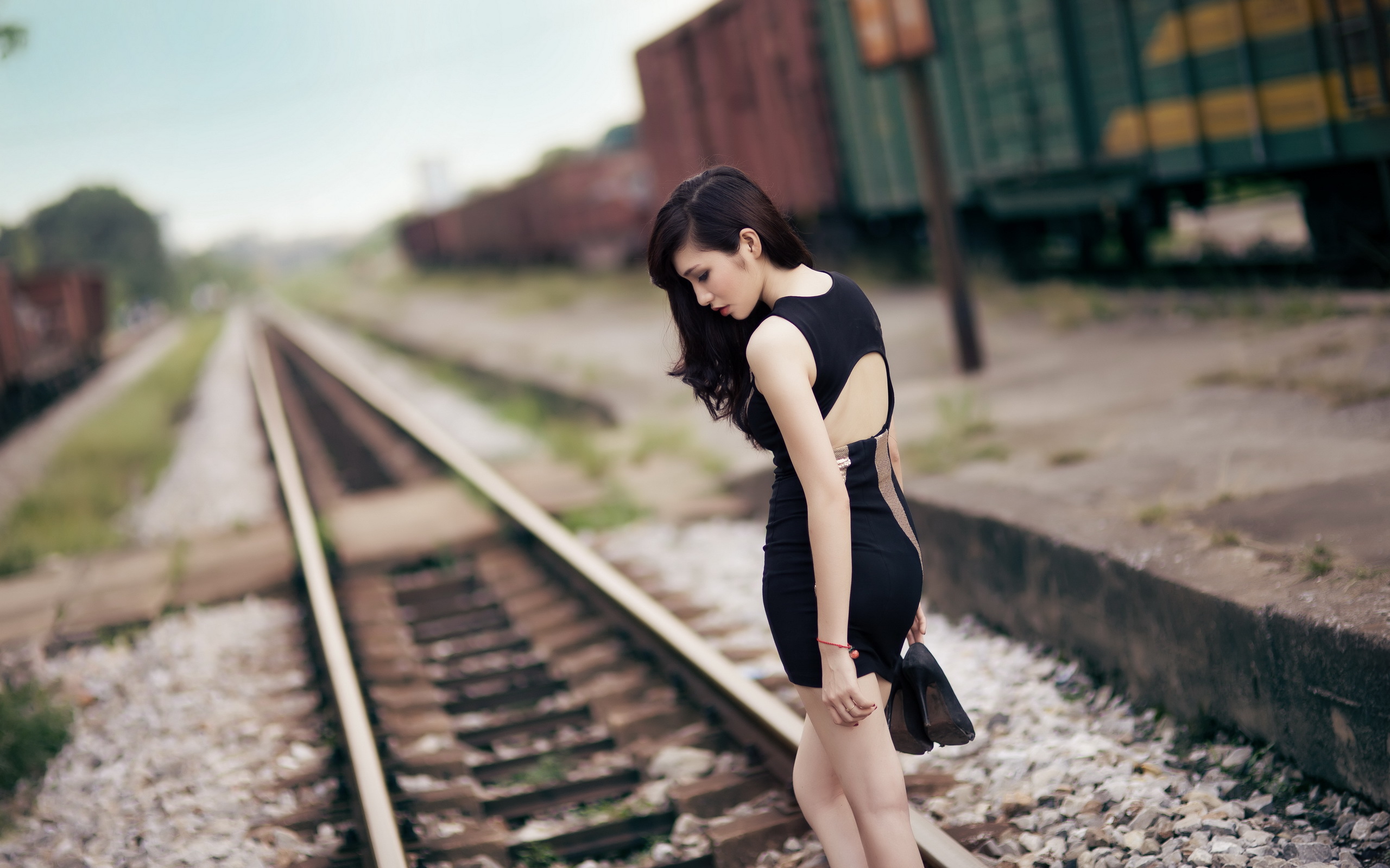 Download mobile wallpaper Dress, Brunette, Model, Women, Railroad, Asian for free.