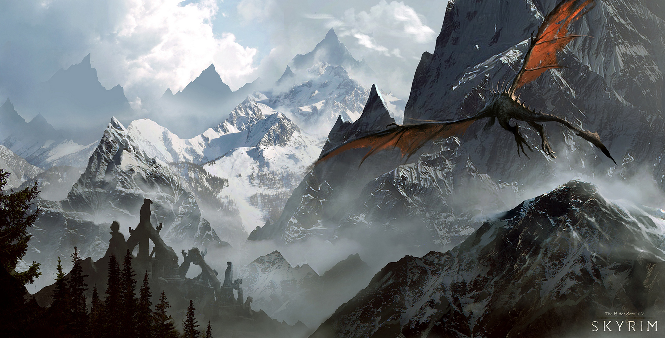Laden Sie das Landschaft, Drachen, Gebirge, Computerspiele, Skyrim, The Elder Scrolls V: Skyrim, The Elder Scrolls-Bild kostenlos auf Ihren PC-Desktop herunter