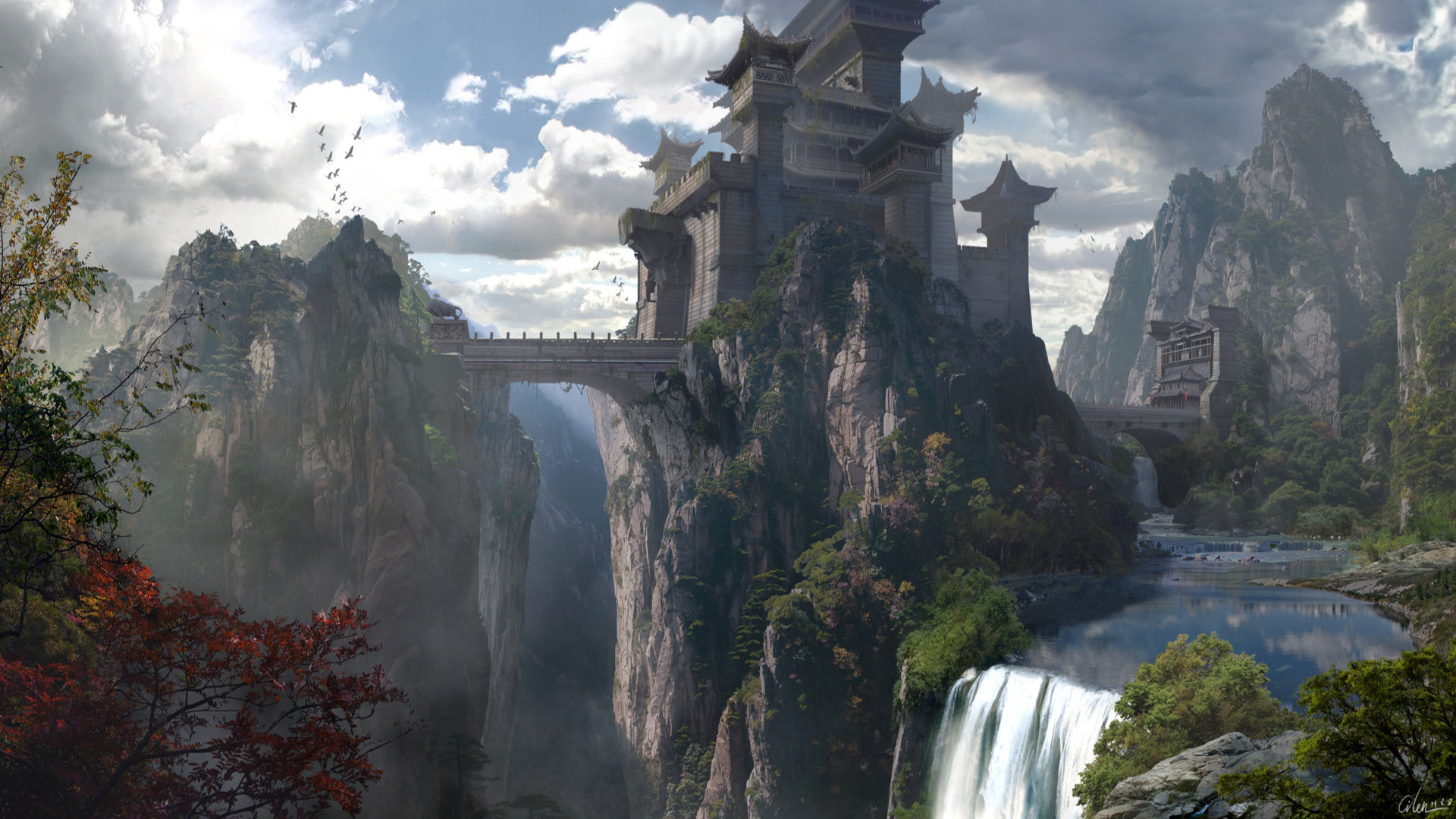 Free download wallpaper Landscape, Fantasy, Castles, Mountain, Waterfall, Castle on your PC desktop