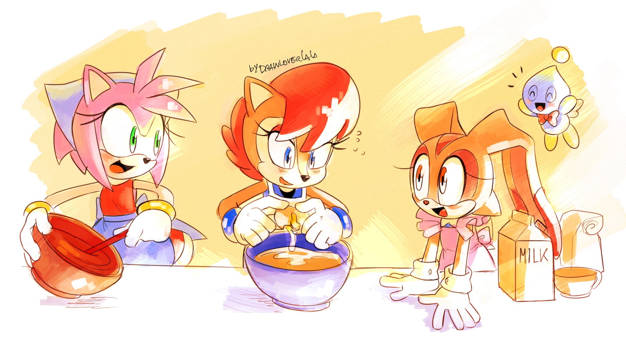comics, sonic the hedgehog, amy rose, archie comics, blue eyes, cheese the chao, cooking, cream the rabbit, egg, green eyes, milk, red hair, sally acorn, smile, sonic