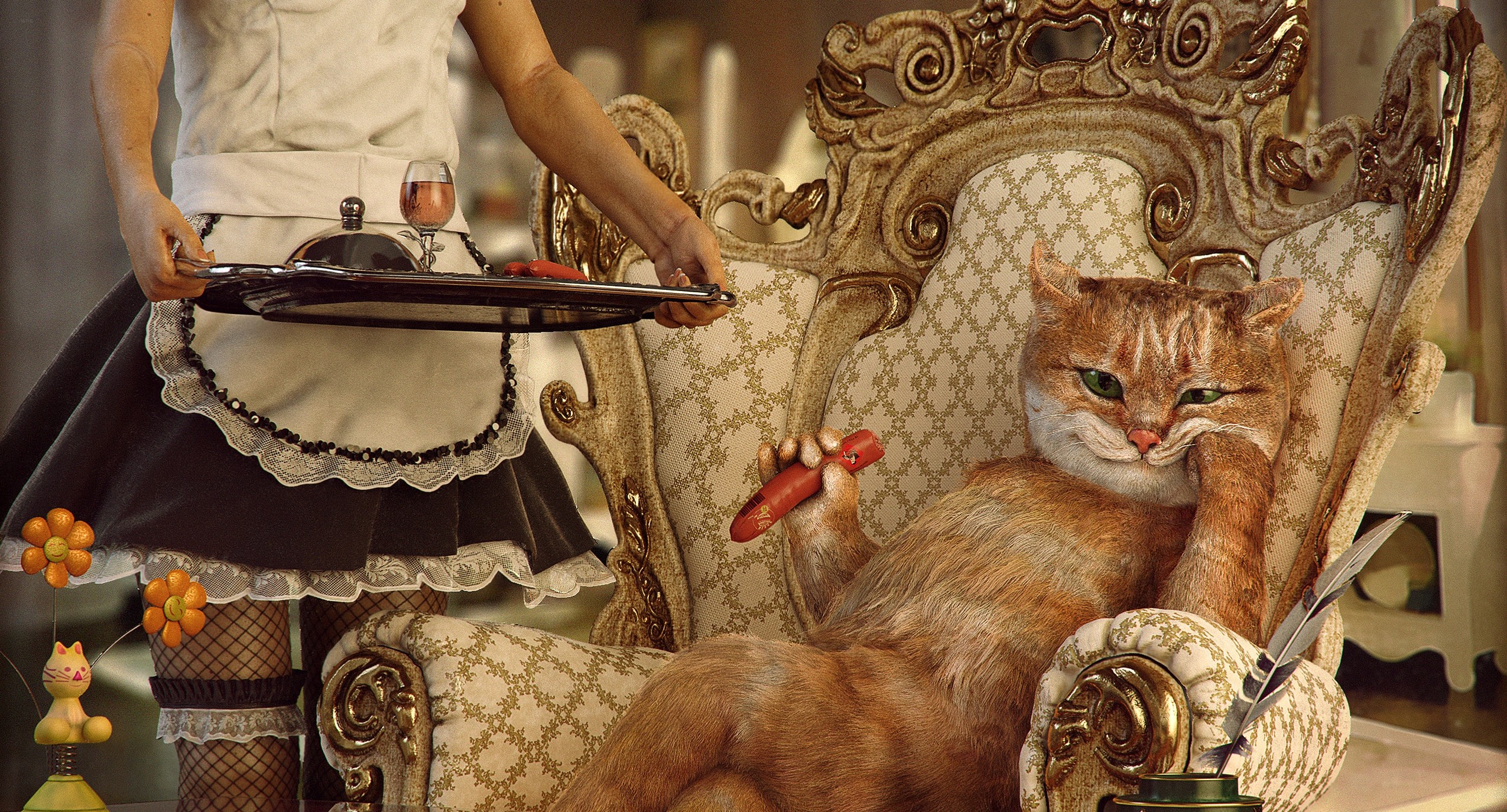 Download mobile wallpaper Fantasy, Cat, Chair, Drink, Maid, Humor, Fishnet, Fantasy Animals for free.