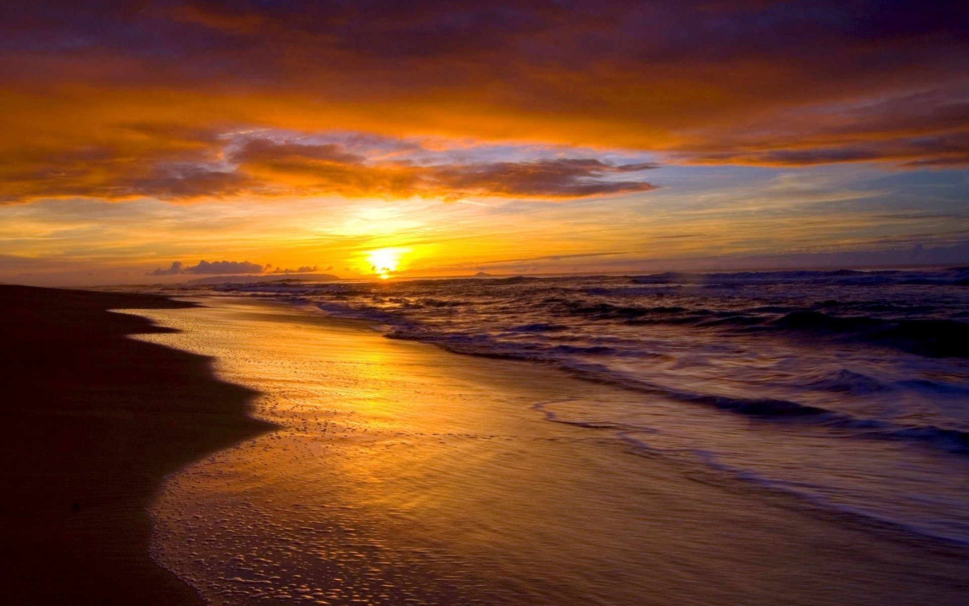 Download mobile wallpaper Sunset, Sea, Beach, Horizon, Ocean, Earth, Cloud for free.