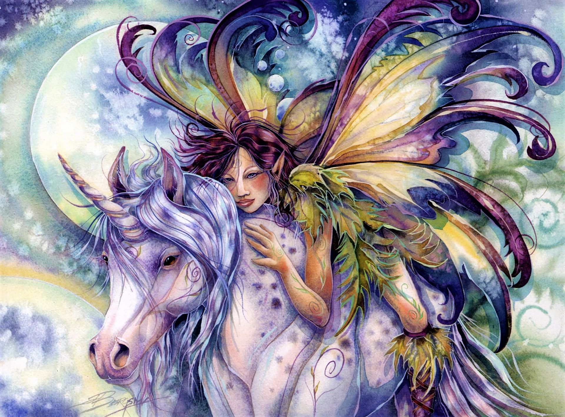 Download mobile wallpaper Fantasy, Wings, Colorful, Unicorn, Watercolor, Fairy for free.