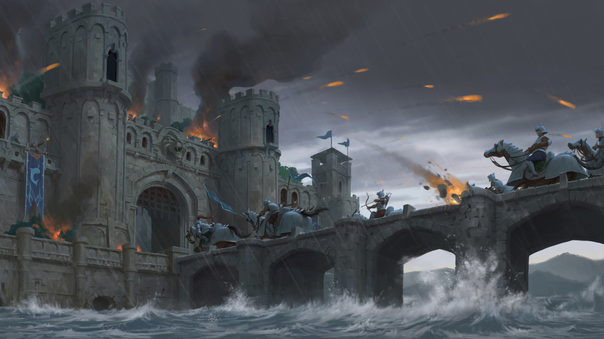 Free download wallpaper Water, Fantasy, Bridge, Warrior, Knight, Castle, Siege on your PC desktop