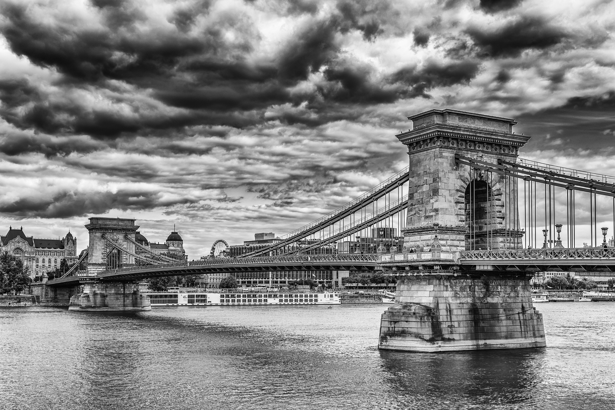 Download mobile wallpaper Bridges, Bridge, Cloud, Hungary, Budapest, Man Made, Black & White, Chain Bridge for free.