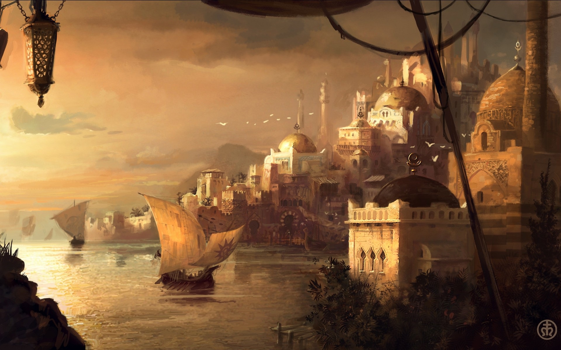 Free download wallpaper Fantasy, City, Boat on your PC desktop