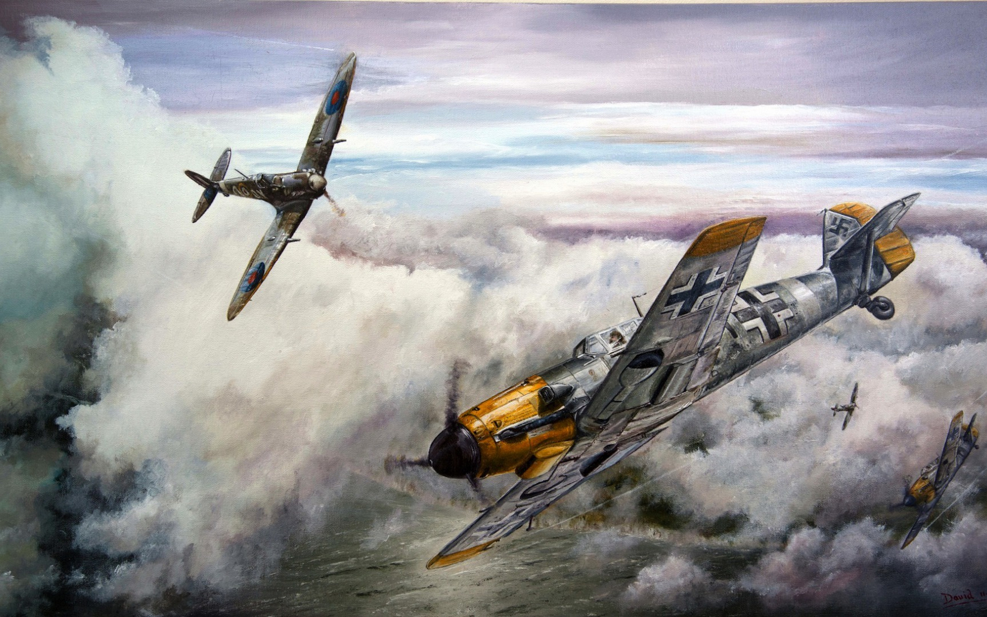 Descarga gratuita de fondo de pantalla para móvil de Artístico, Militar, Supermarino Spitfire, Messerschmitt Bf 109.