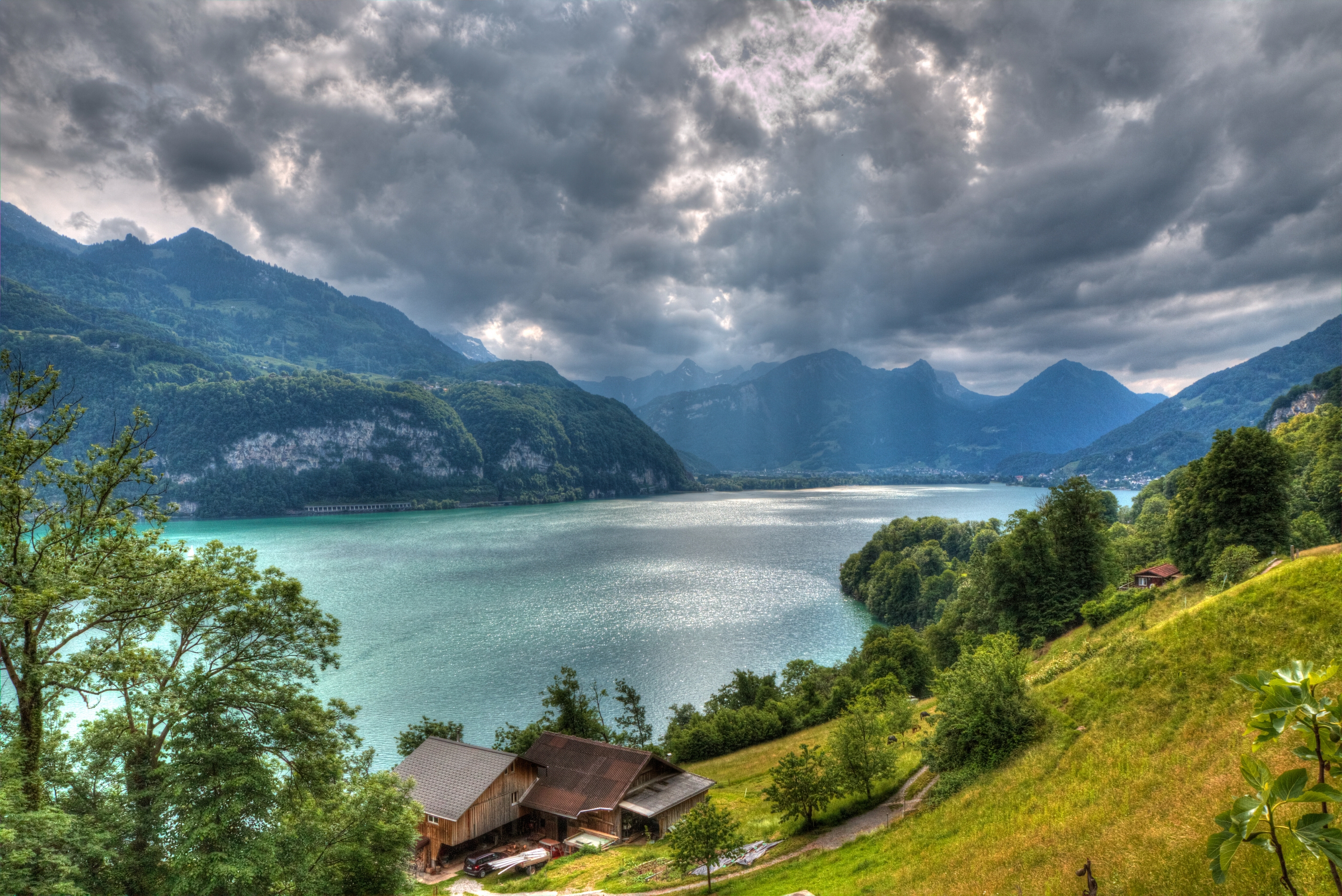 switzerland, alps, lake walensee, view from above, nature, hdr, lake valensee