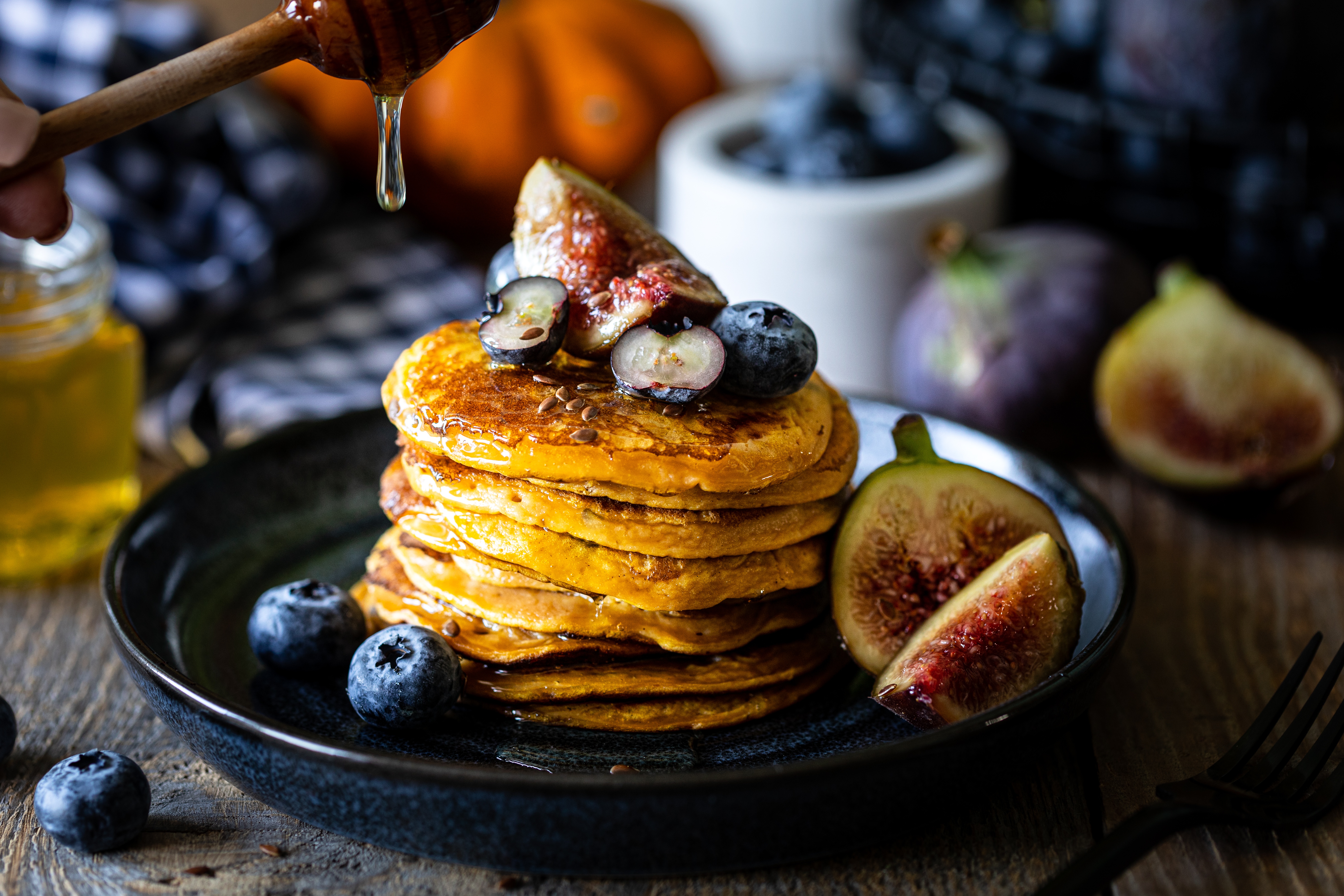Download mobile wallpaper Food, Blueberry, Berry, Honey, Fig, Breakfast, Pancake for free.