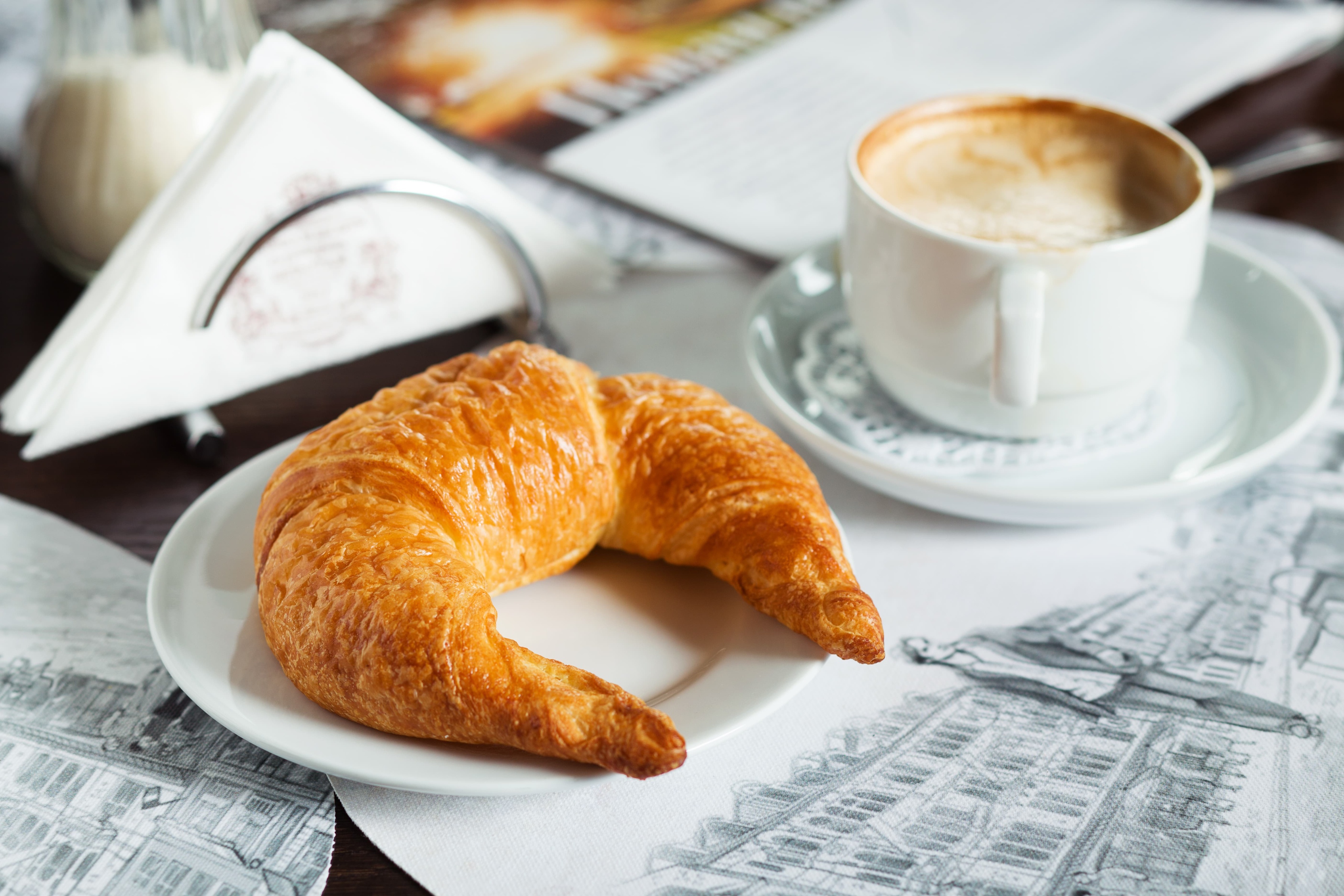 food, croissant, coffee, cup, still life, viennoiserie