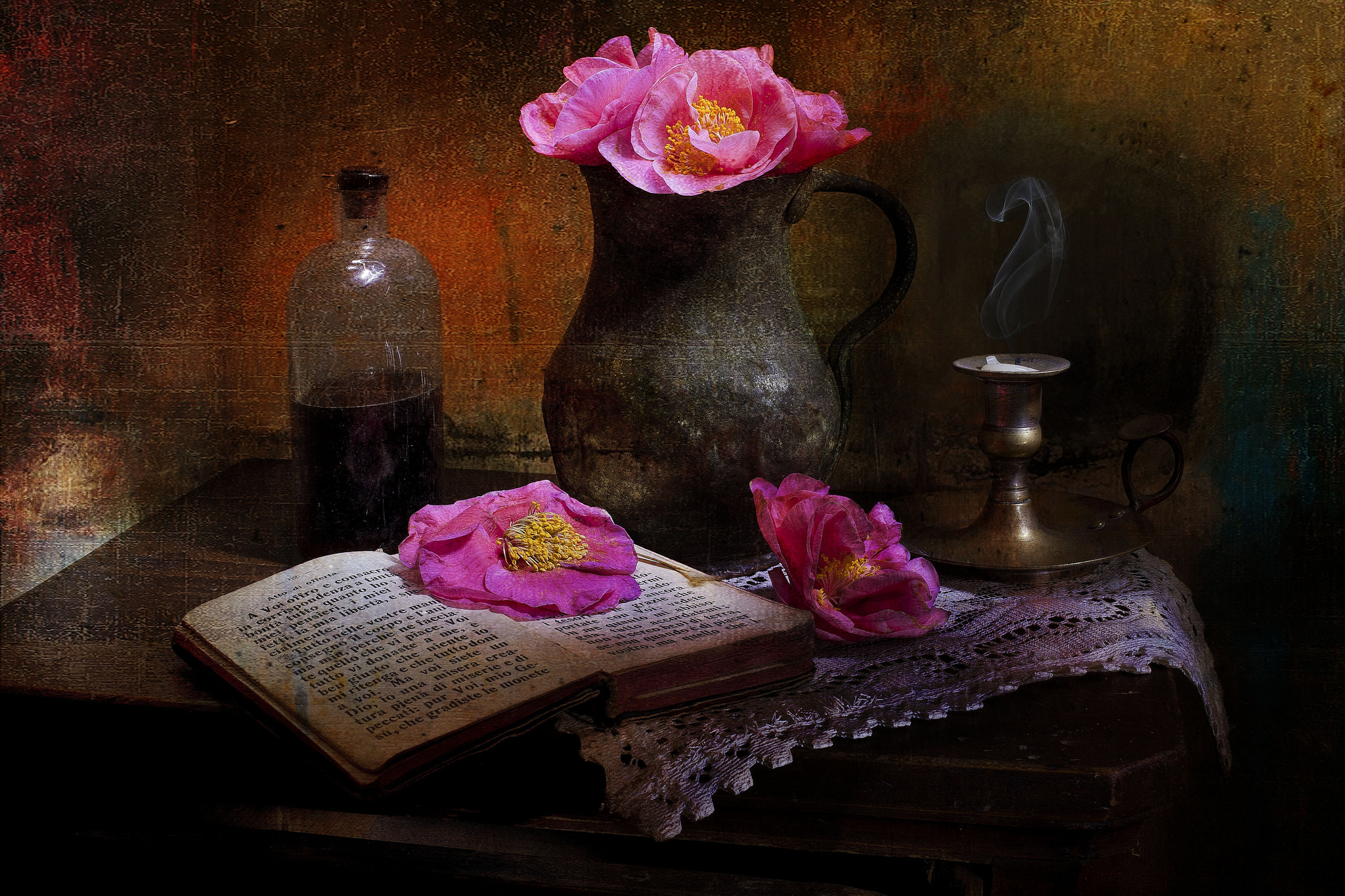 Download mobile wallpaper Still Life, Flower, Book, Poppy, Photography, Pink Flower, Pitcher for free.