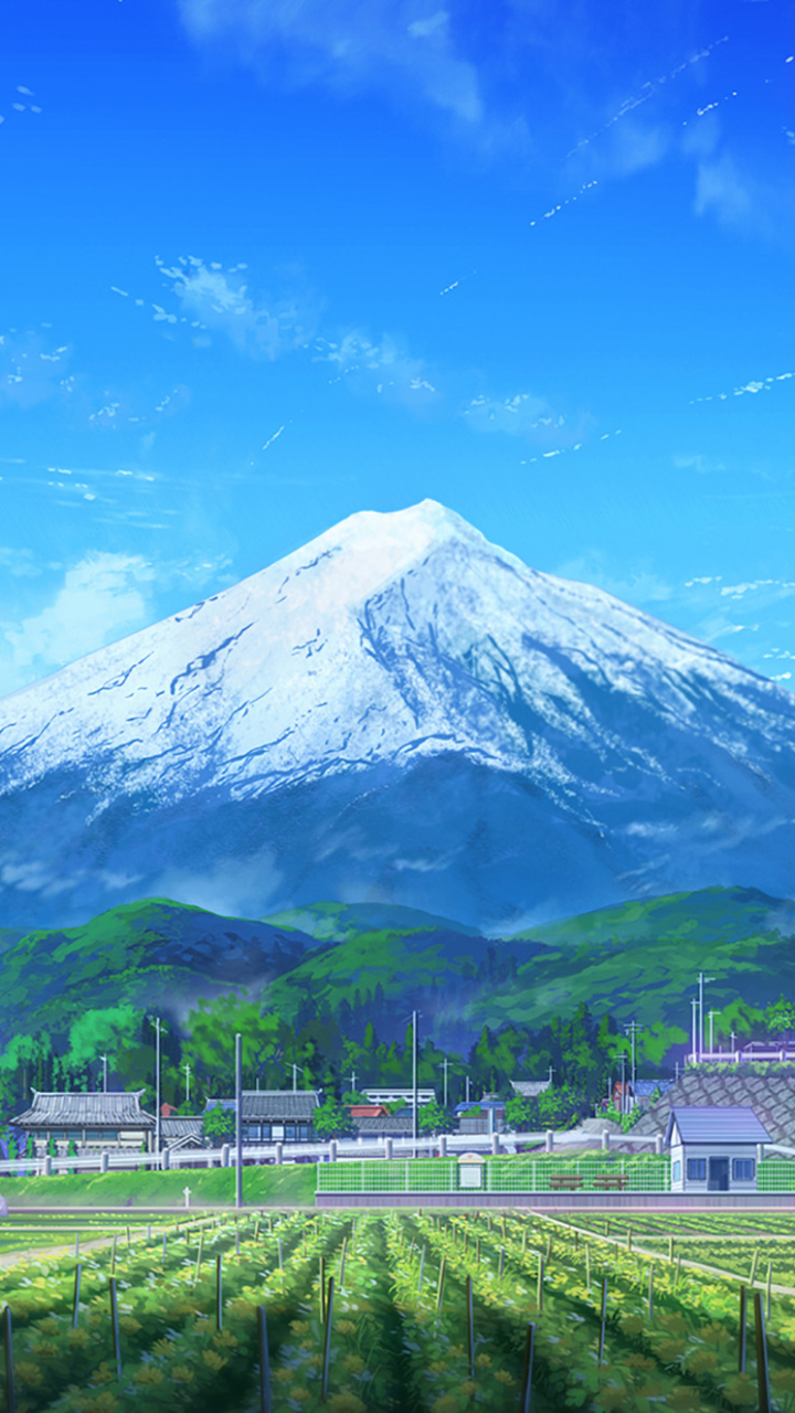 Download mobile wallpaper Anime, Sky, Building, Mountain, Field, Cloud, Original, Mount Fuji, Scenery for free.
