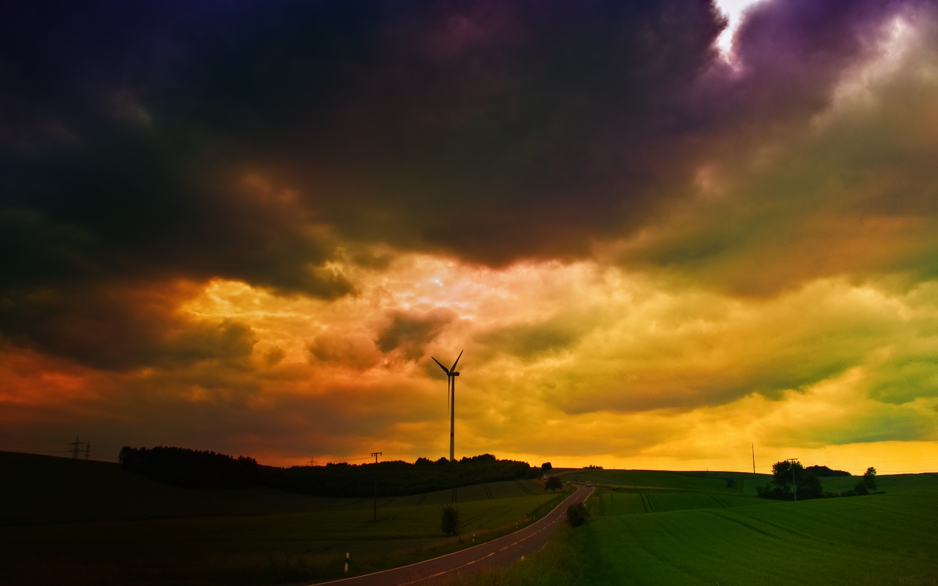 Download mobile wallpaper Sky, Road, Cloud, Country, Wind Turbine, Man Made for free.