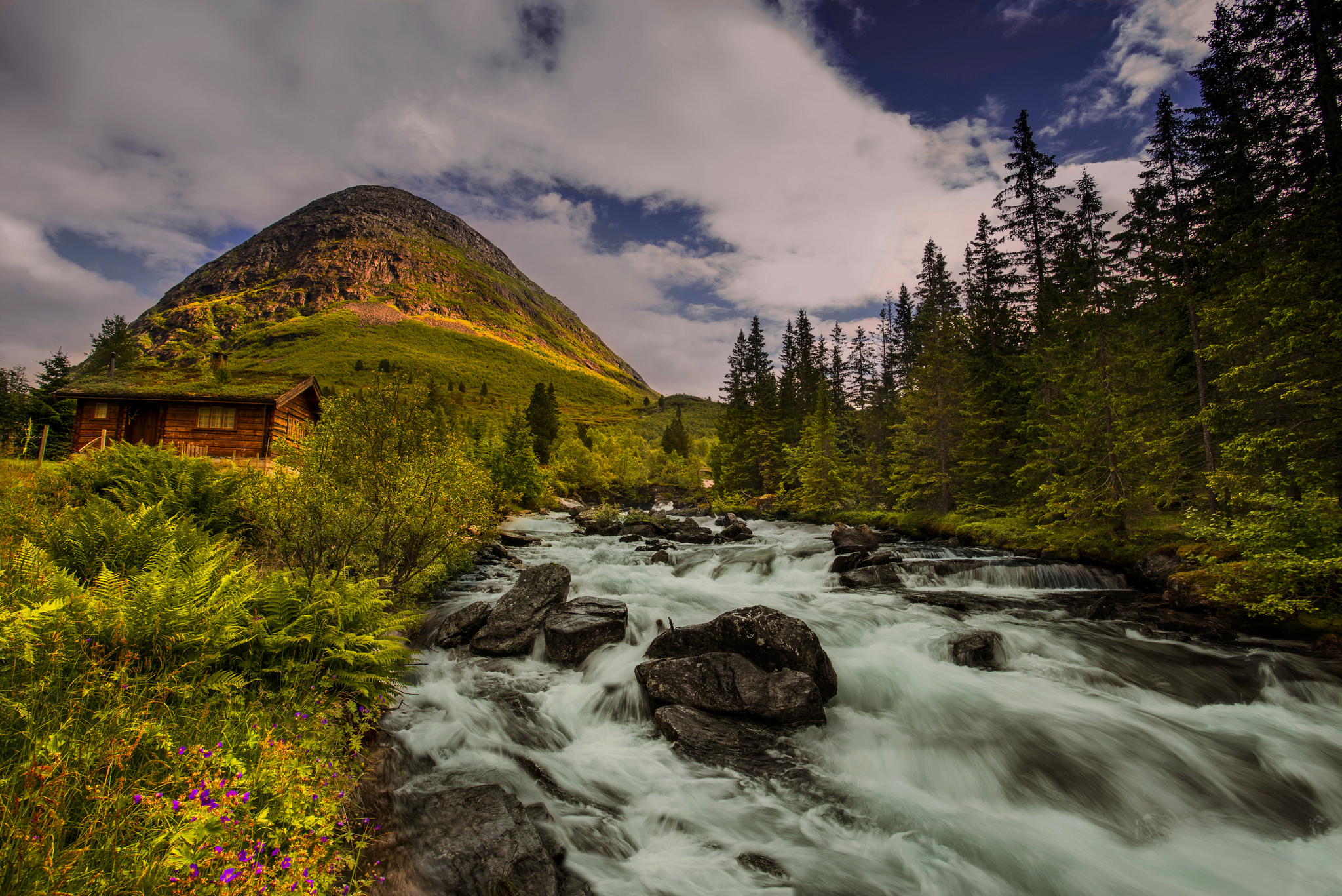 Free download wallpaper Mountain, Tree, River, Cabin, Man Made on your PC desktop