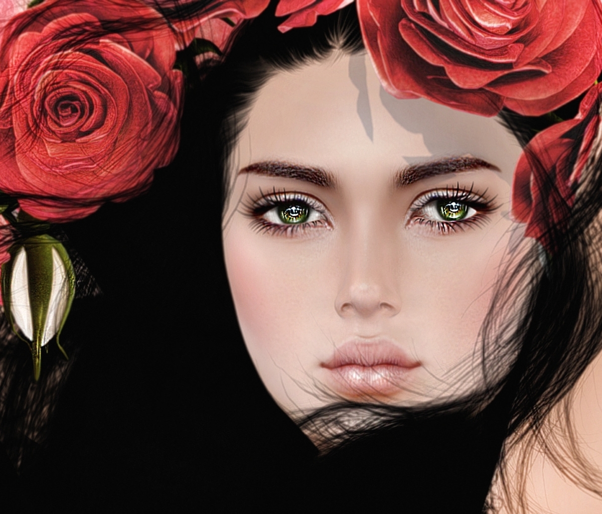 Free download wallpaper Fantasy, Rose, Women, Green Eyes, Red Flower, Black Hair on your PC desktop