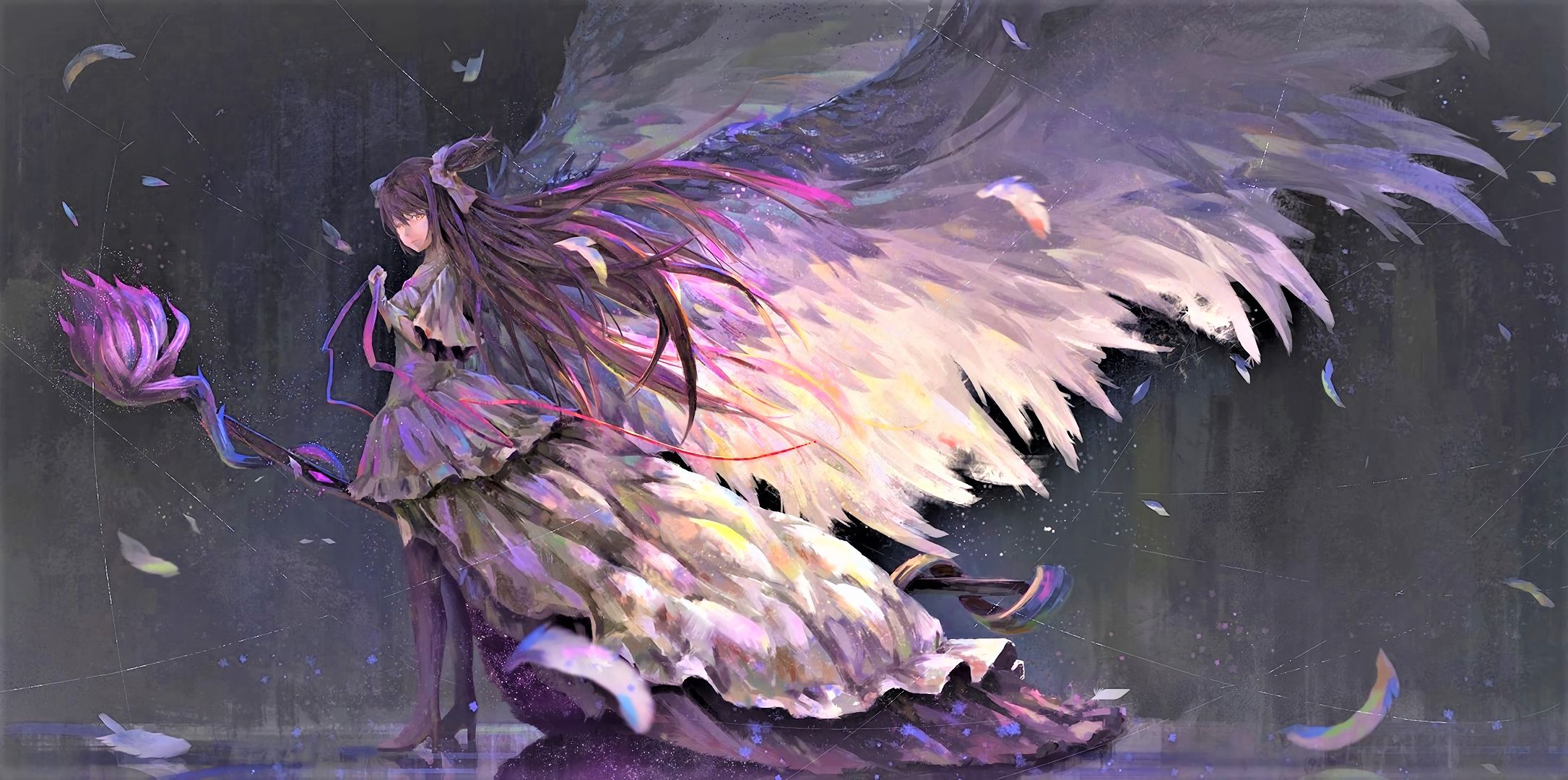 Download mobile wallpaper Anime, Feather, Wings, Angel, Dress, Long Hair for free.