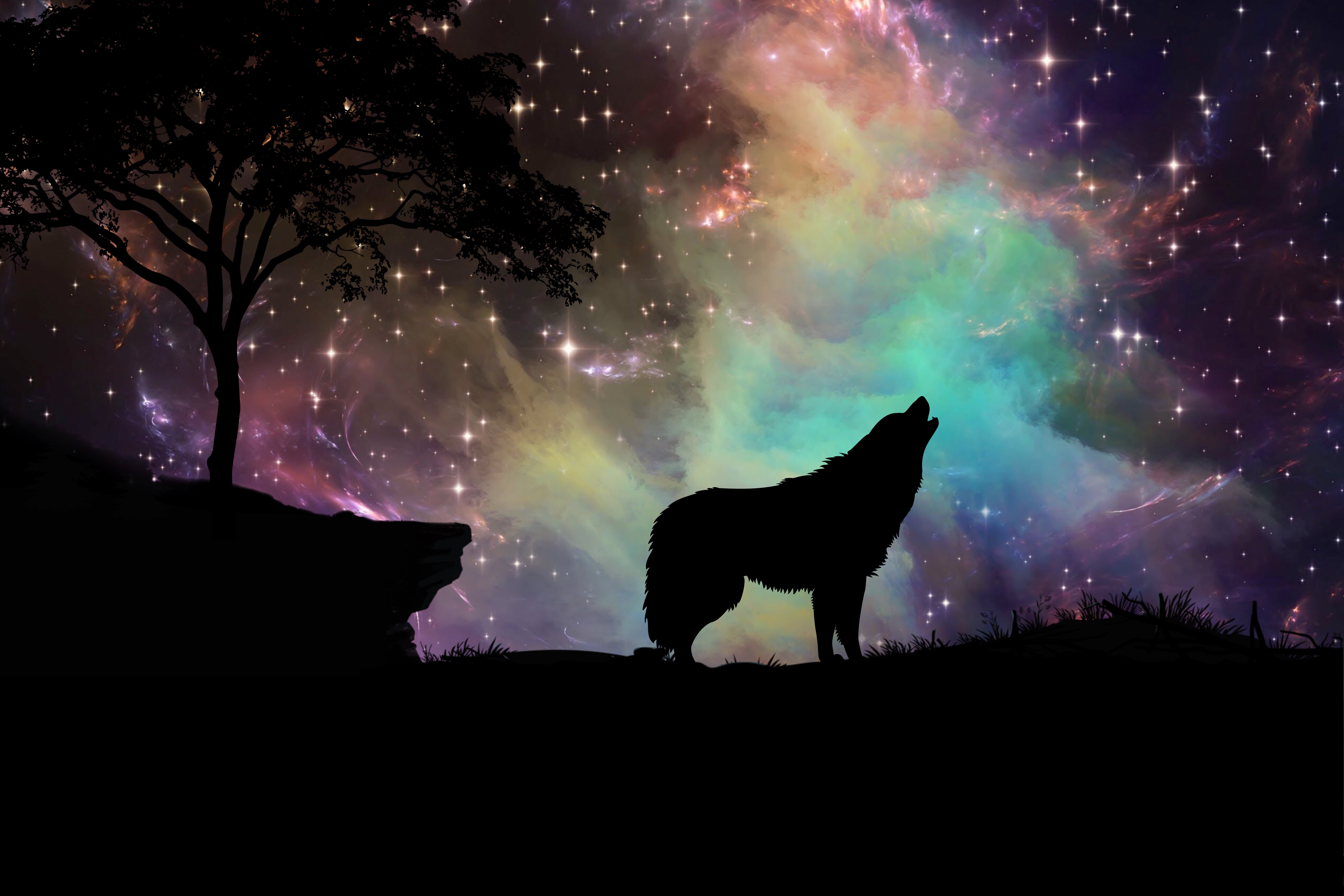 Download mobile wallpaper Starry Sky, Wolf, Silhouette, Dark, Art for free.