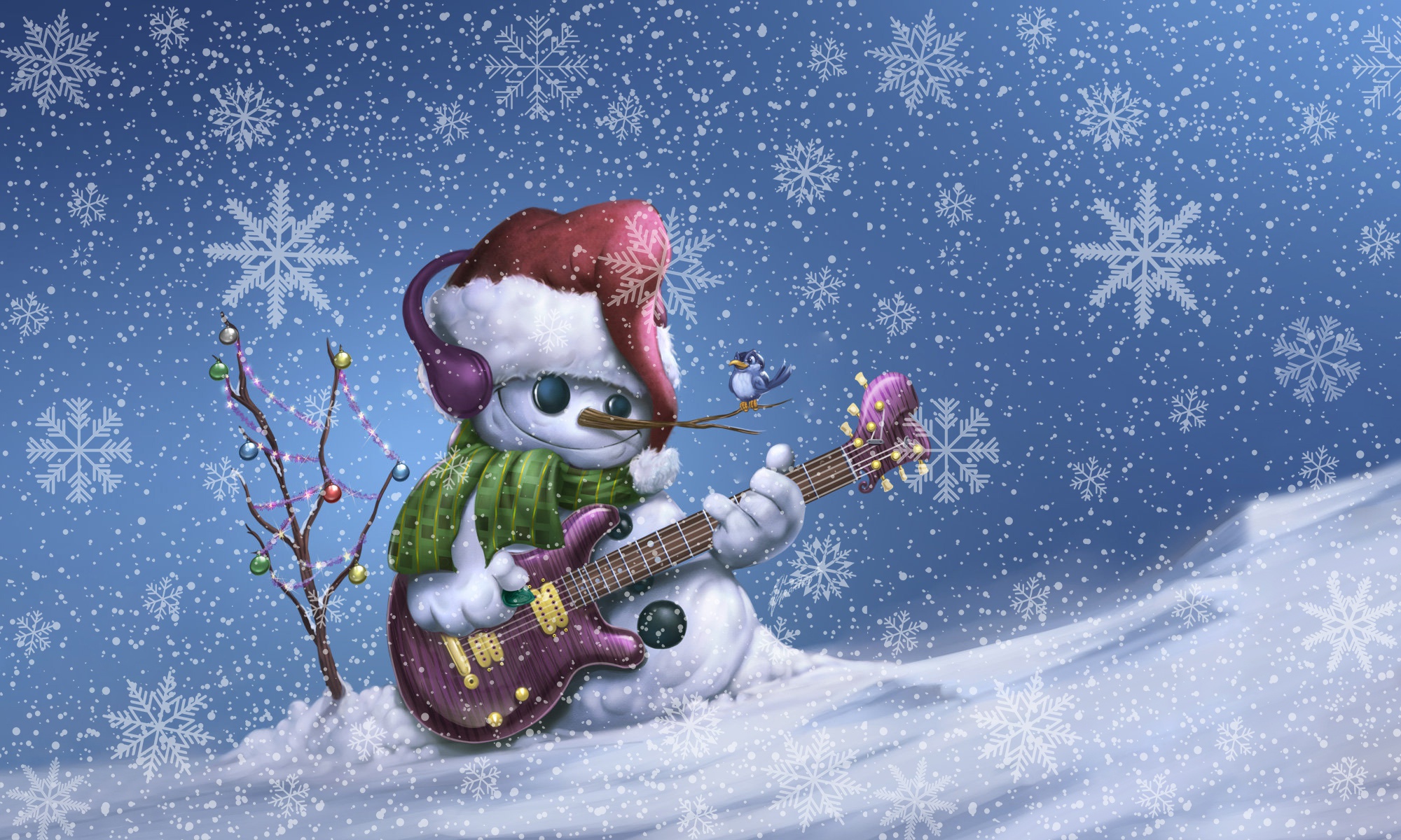 Laden Sie das Winter, Schnee, Schneemann, Gitarre, Schneefall, Künstlerisch, Weihnachtsmütze-Bild kostenlos auf Ihren PC-Desktop herunter