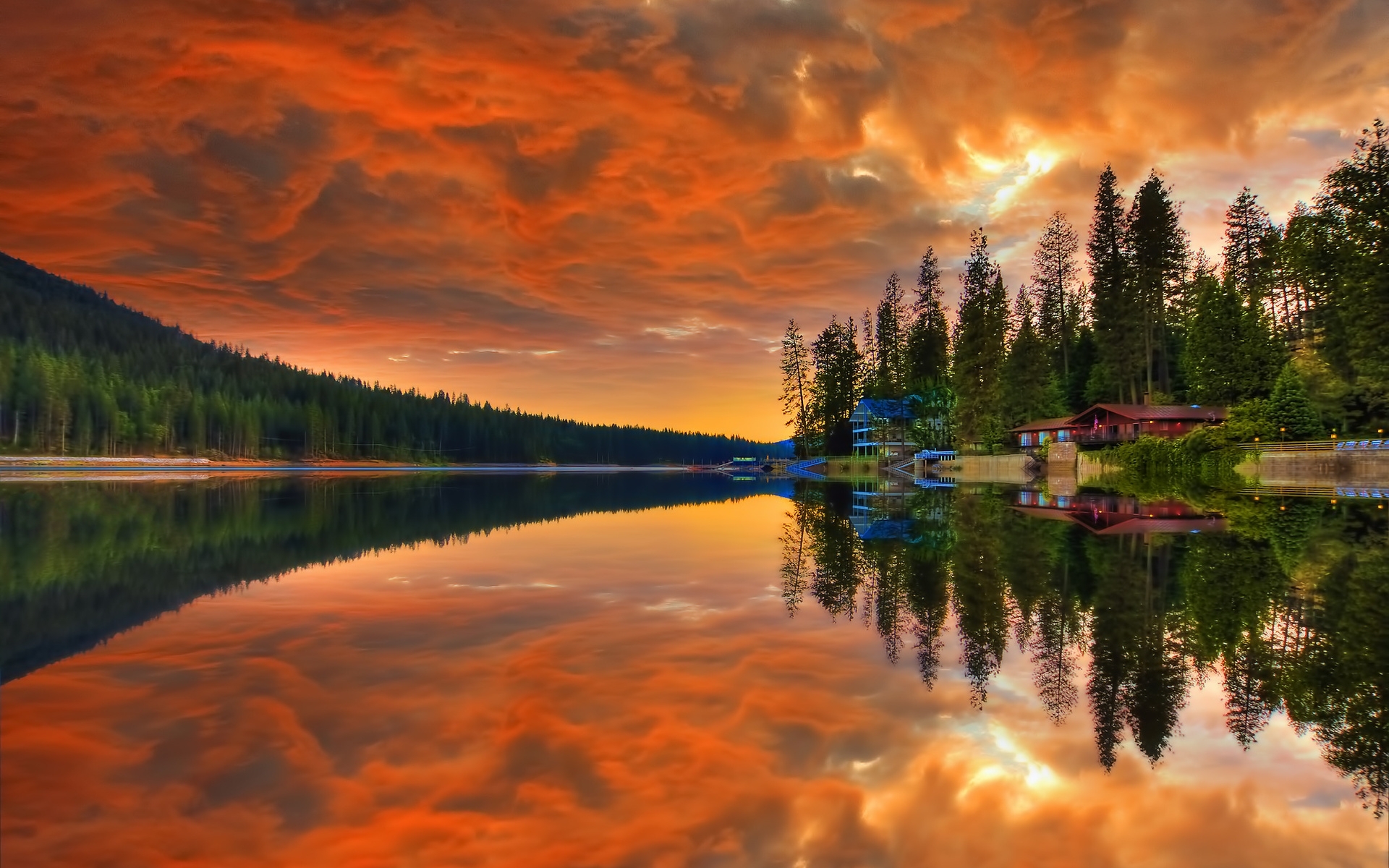 Free download wallpaper Sunset, Lake, Reflection, Tree, House, Cloud, Photography on your PC desktop
