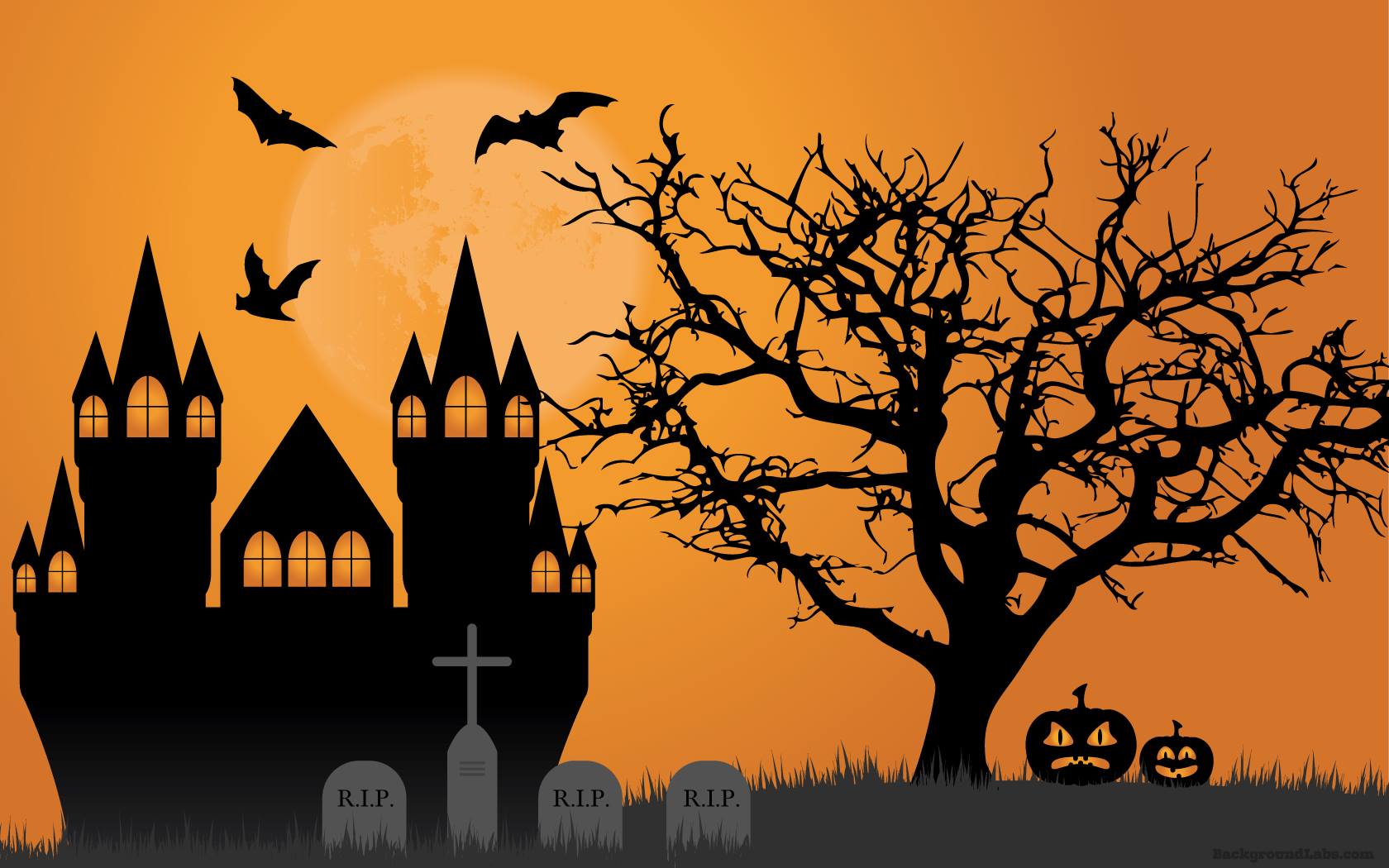 Скачать картинку Замок, Дерево, Хэллоуин, Фонарь Джека, Праздничные, Кладбище в телефон бесплатно.