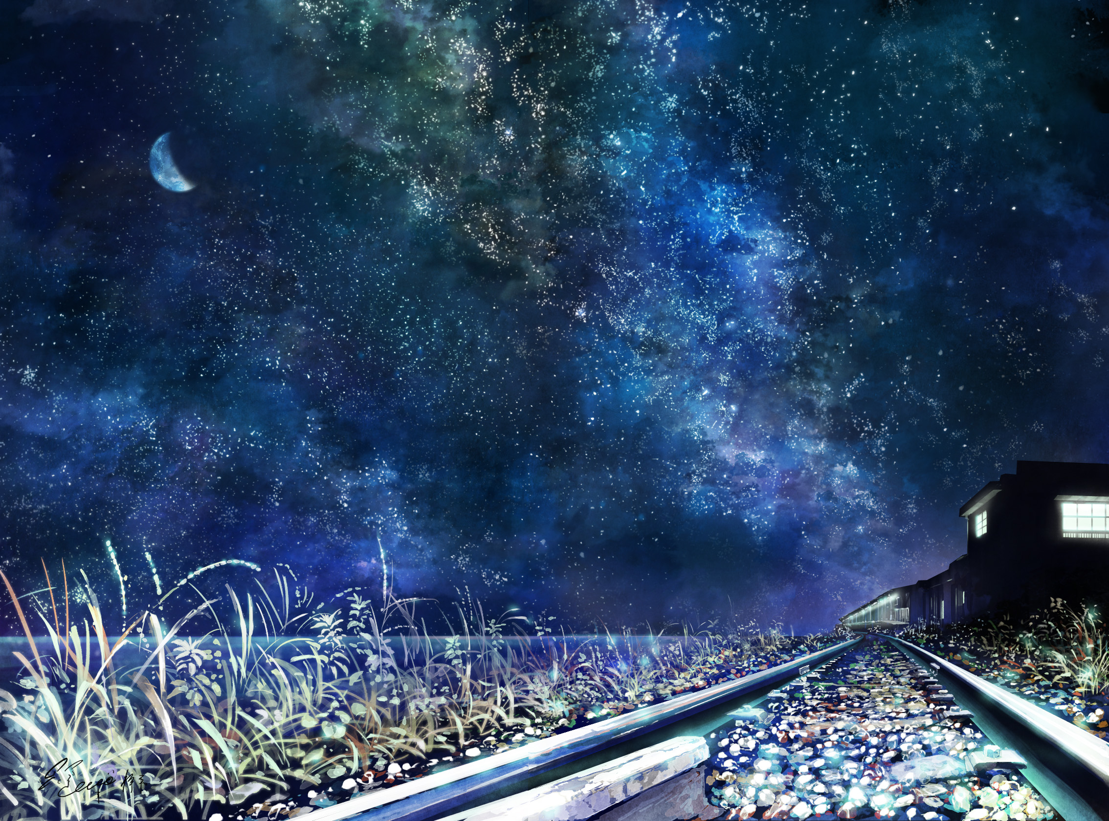 Laden Sie das Mond, Eisenbahn, Bahnhof, Nacht, Animes, Sternenklarer Himmel-Bild kostenlos auf Ihren PC-Desktop herunter