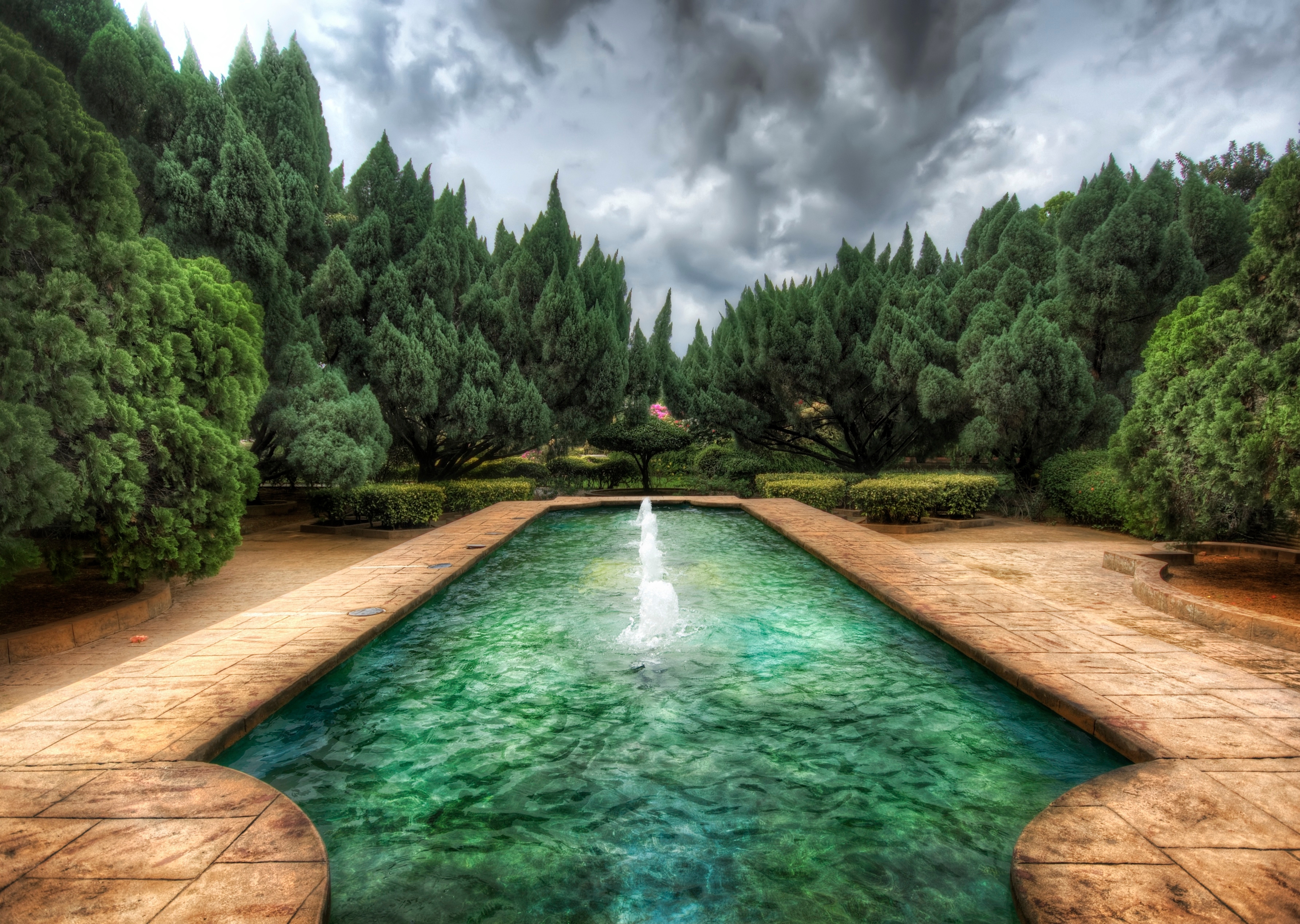 overcast, color, nature, fountain, forest, colors, mainly cloudy, paints, pool HD wallpaper