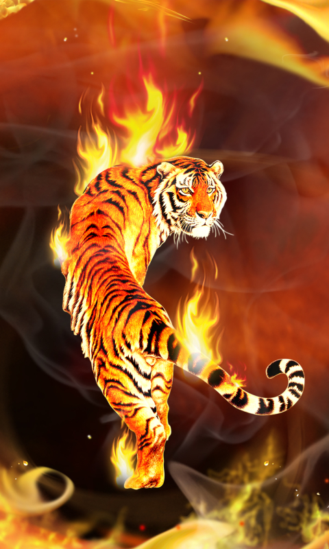 Download mobile wallpaper Fantasy, Fire, Flame, 3D, Tiger, Psychedelic, Cgi, Fantasy Animals for free.