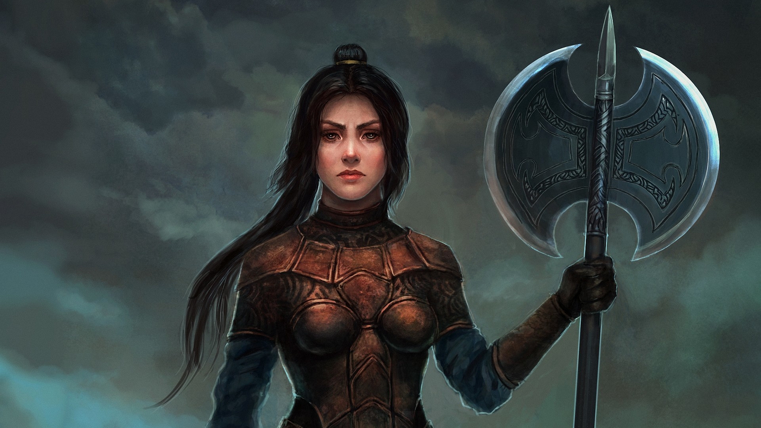 PCデスクトップにファンタジー, 斧, 鎧, 黒髪, 女戦士画像を無料でダウンロード