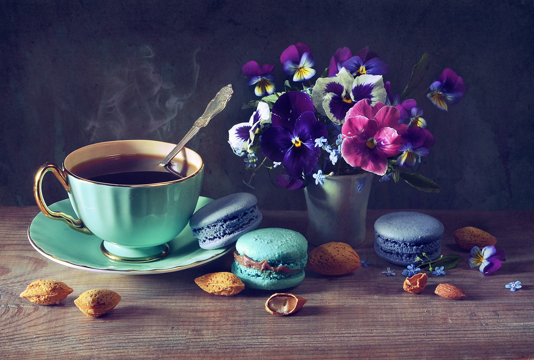 Free download wallpaper Food, Coffee, Still Life, Flower, Cup, Macaron on your PC desktop