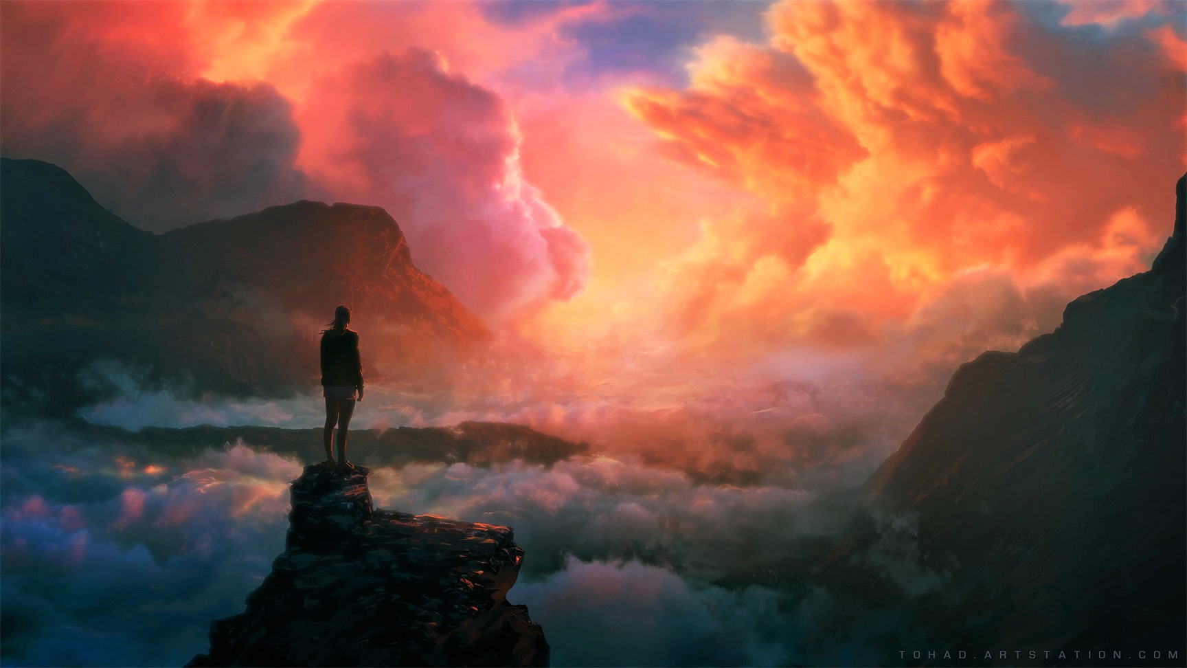 Free download wallpaper Fantasy, Sunset, Sky, Mountain, Colorful, Artistic, Cloud on your PC desktop