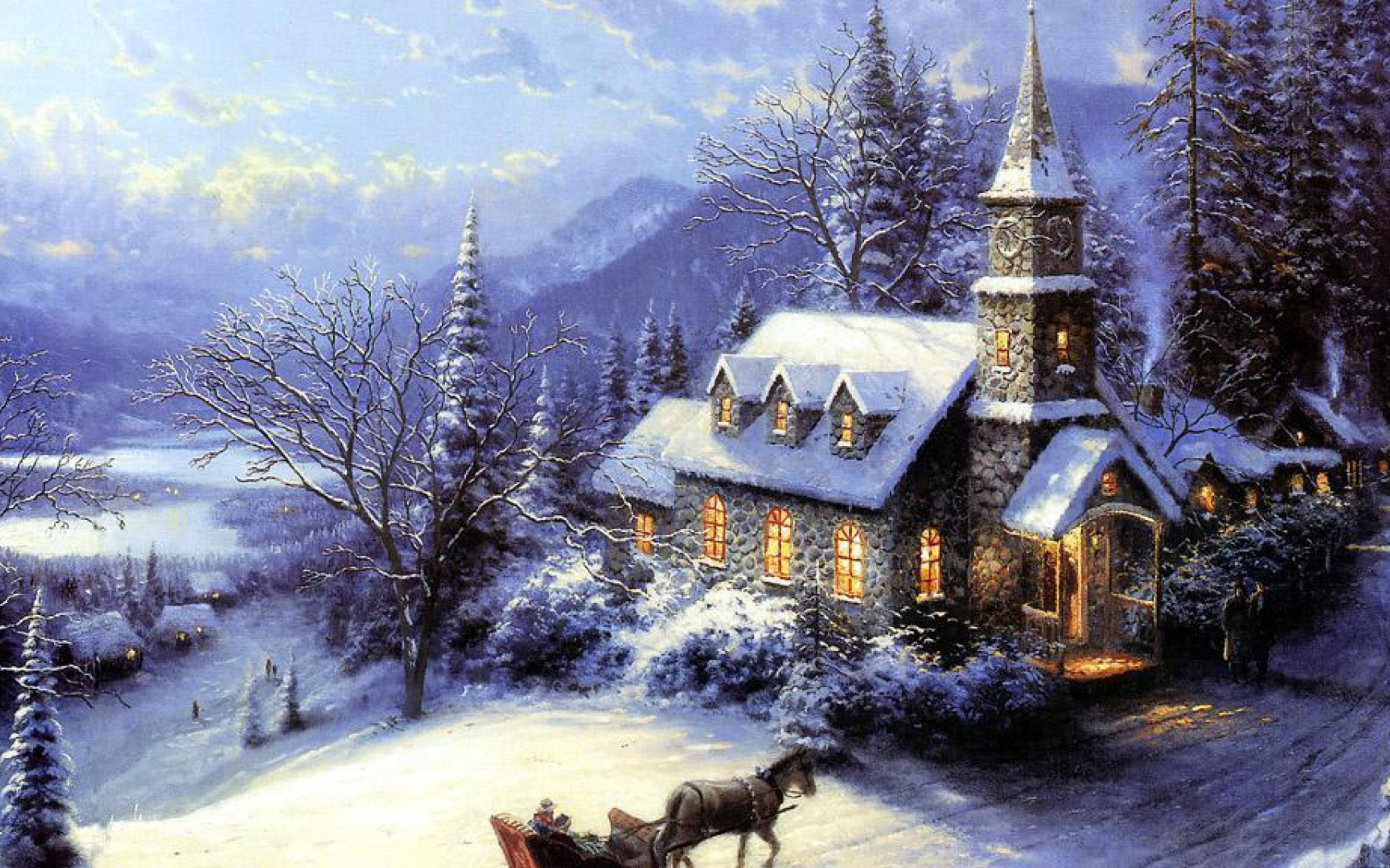 Скачать обои бесплатно Зима, Снег, Дерево, Церковь, Картина, Художественные картинка на рабочий стол ПК