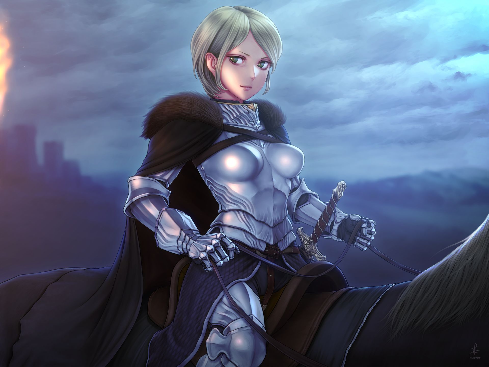 Download mobile wallpaper Anime, Smile, Horse, Blonde, Armor, Sword, Green Eyes, Original, Short Hair for free.