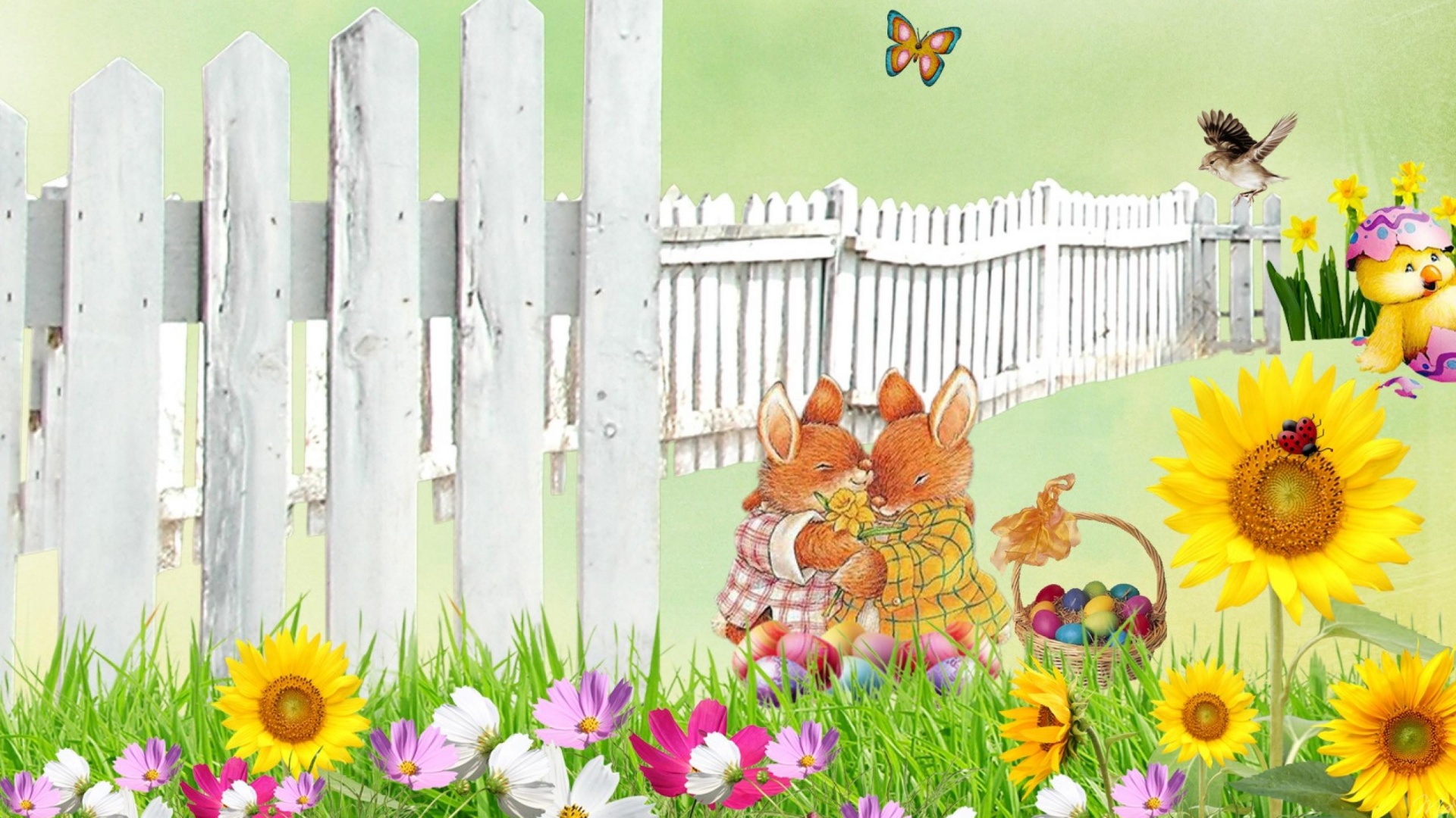 Handy-Wallpaper Feiertage, Schmetterlinge, Ostern, Blume, Vogel, Frühling, Hase kostenlos herunterladen.