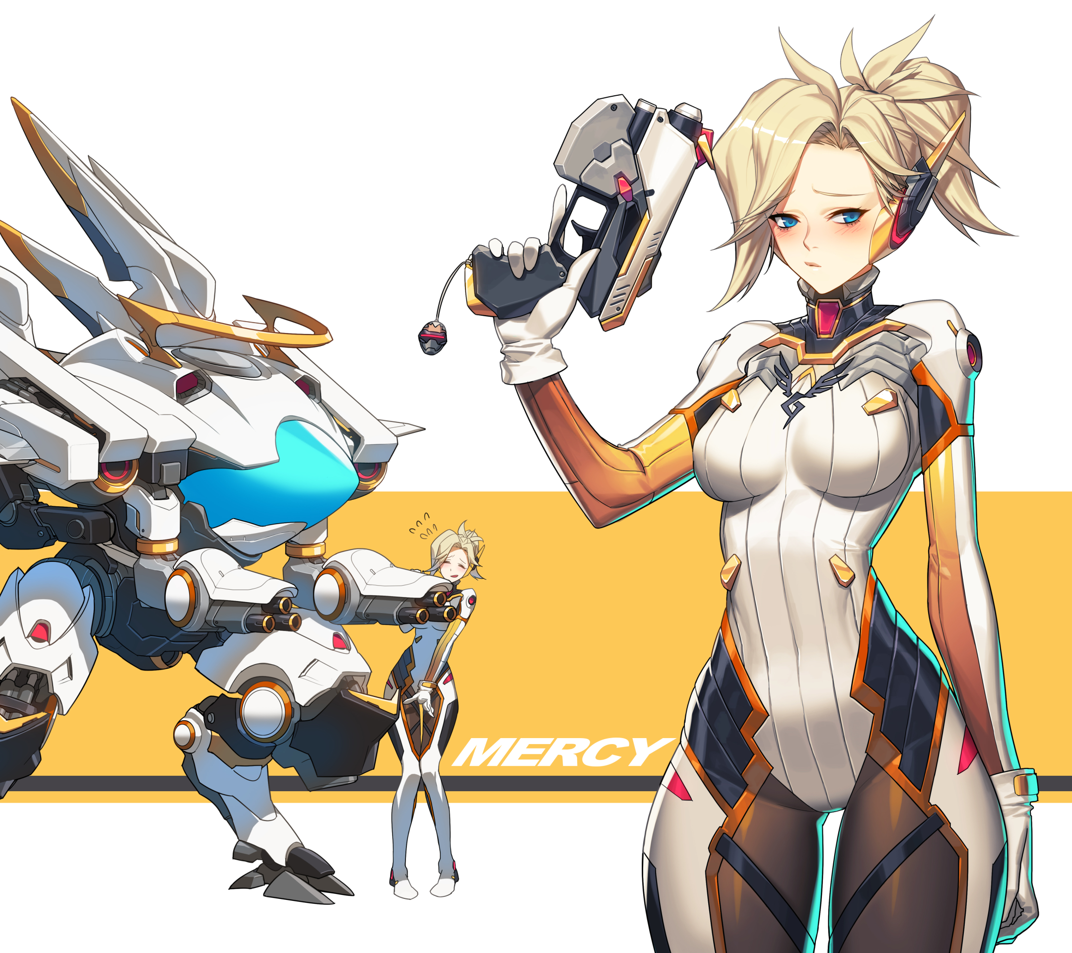 Download mobile wallpaper Weapon, Robot, Blonde, Glove, Blue Eyes, Overwatch, Blush, Video Game, Gun, Short Hair, Mercy (Overwatch) for free.