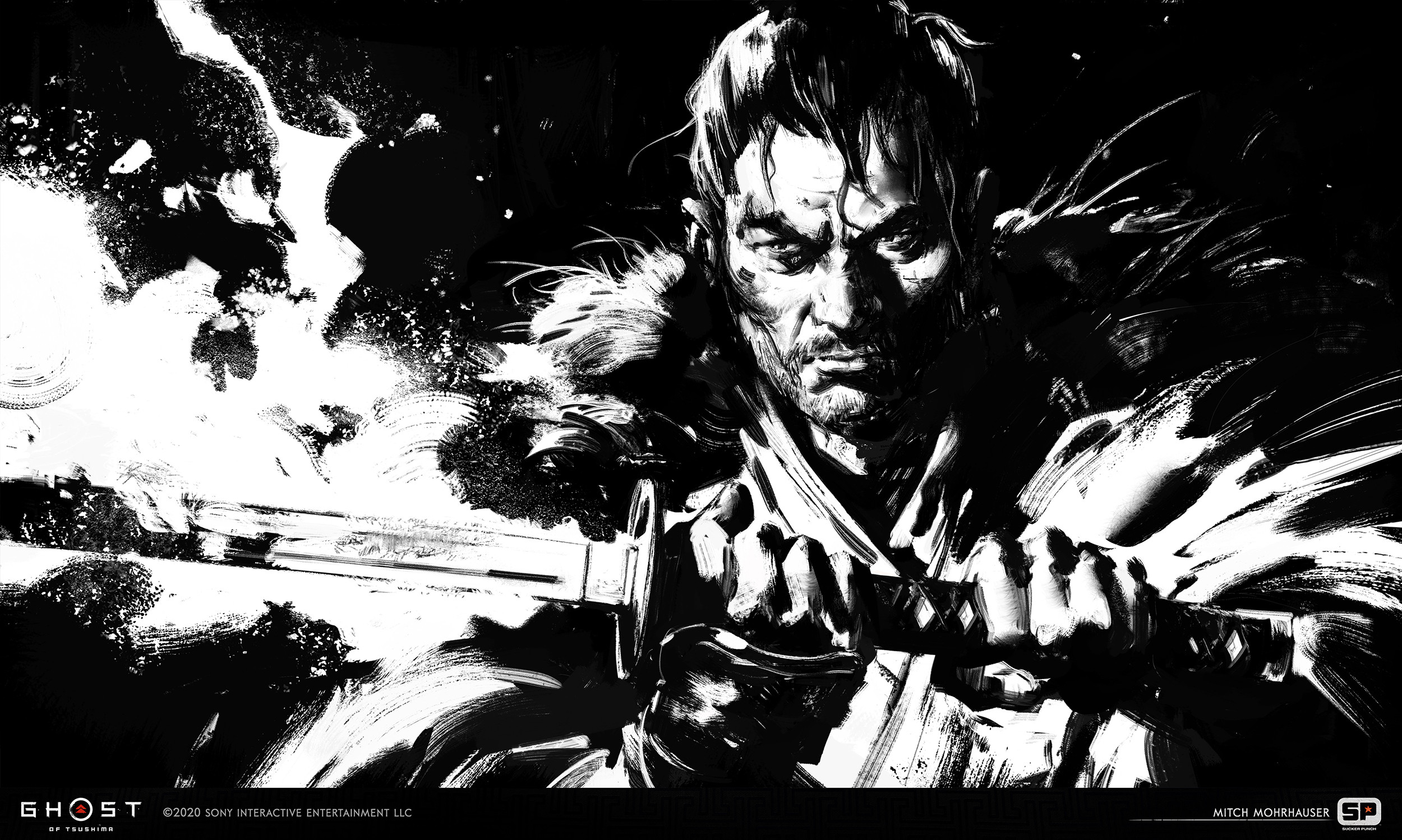 samurai, ghost of tsushima, video game, black & white, jin sakai