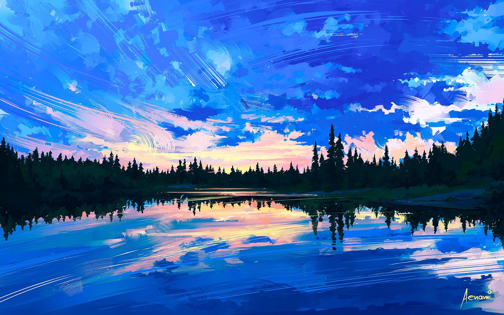 Free download wallpaper Nature, Sky, Lake, Reflection, Painting, Artistic on your PC desktop