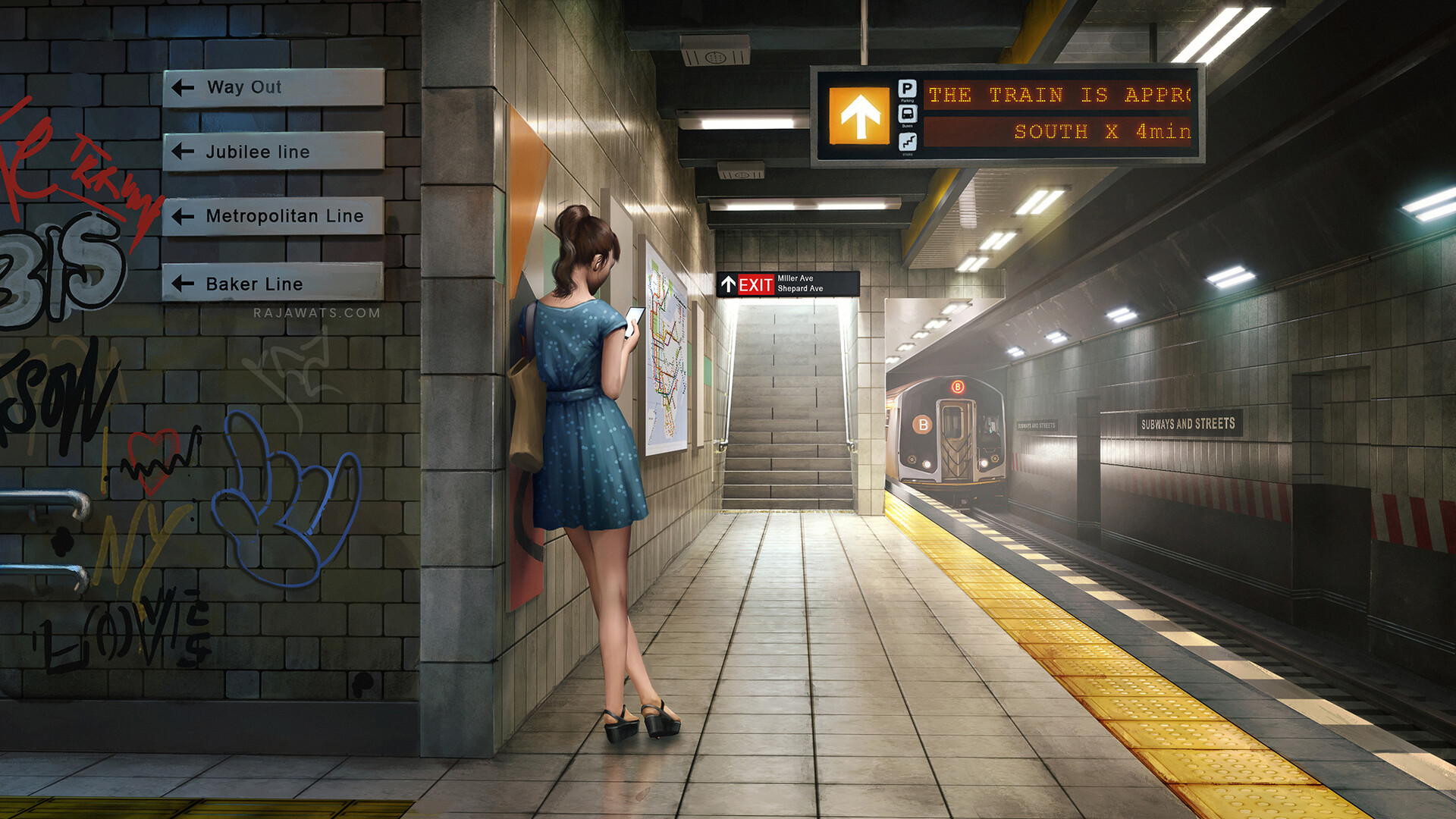 Download mobile wallpaper Artistic, Tunnel, Women, Train Station for free.