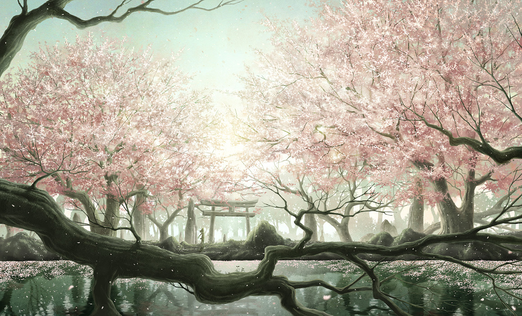 Laden Sie das See, Wald, Baum, Tor, Original, Kirschblüte, Himmel, Animes, Sonnenschein-Bild kostenlos auf Ihren PC-Desktop herunter