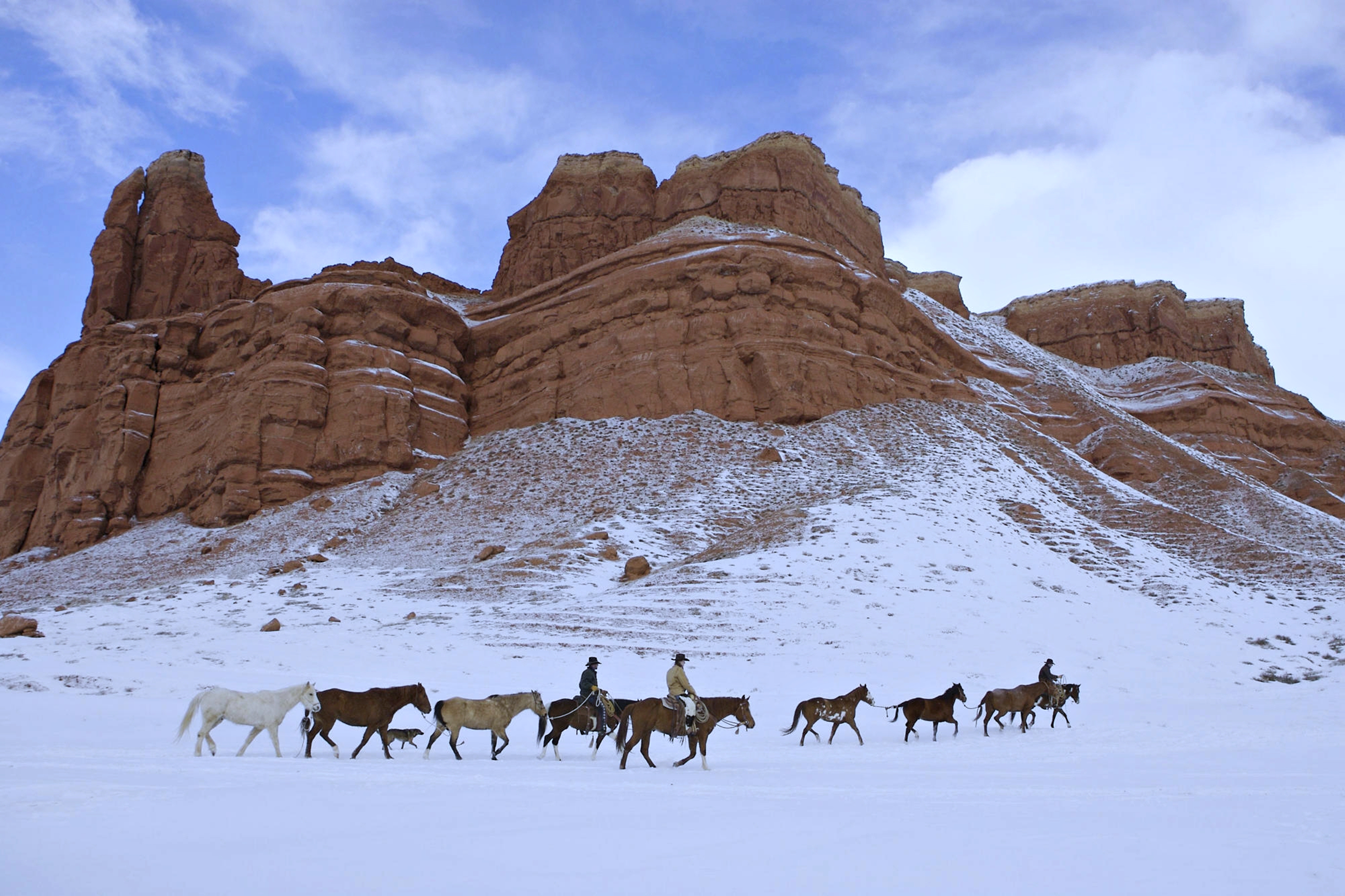 Free download wallpaper Nature, Men, Snow, Mountain, Horse, Cowboy on your PC desktop