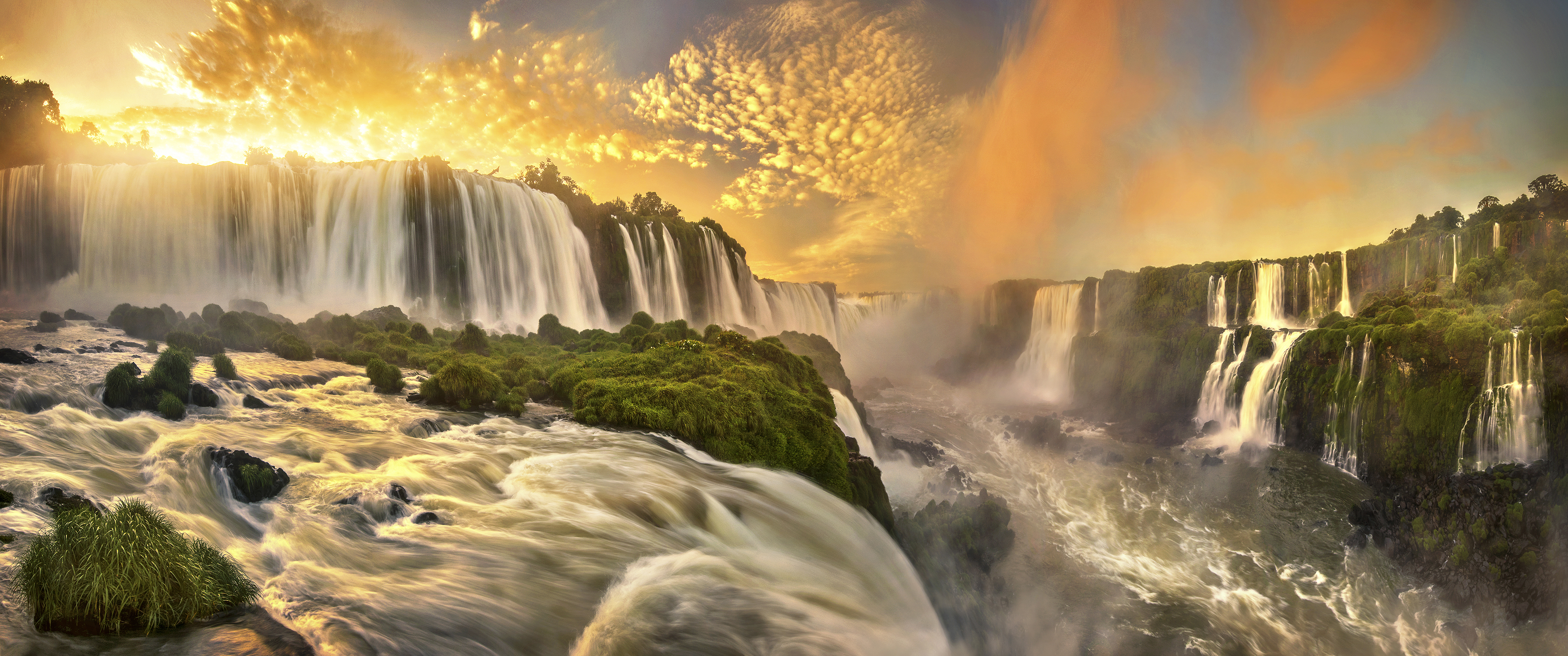 417069 скачать картинку земля/природа, водопады игуасу, бразилия, светиться, закат, водопад, водопады - обои и заставки бесплатно