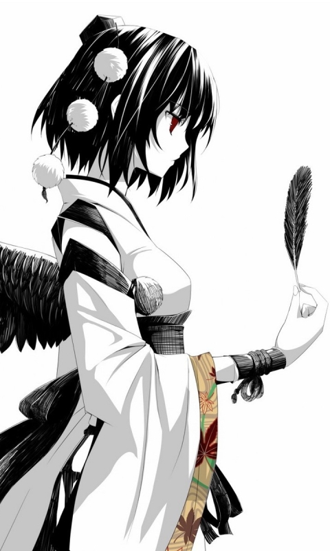 Download mobile wallpaper Anime, Feather, Wings, Angel, Kimono, Red Eyes, Touhou, Short Hair, Japanese Clothes for free.