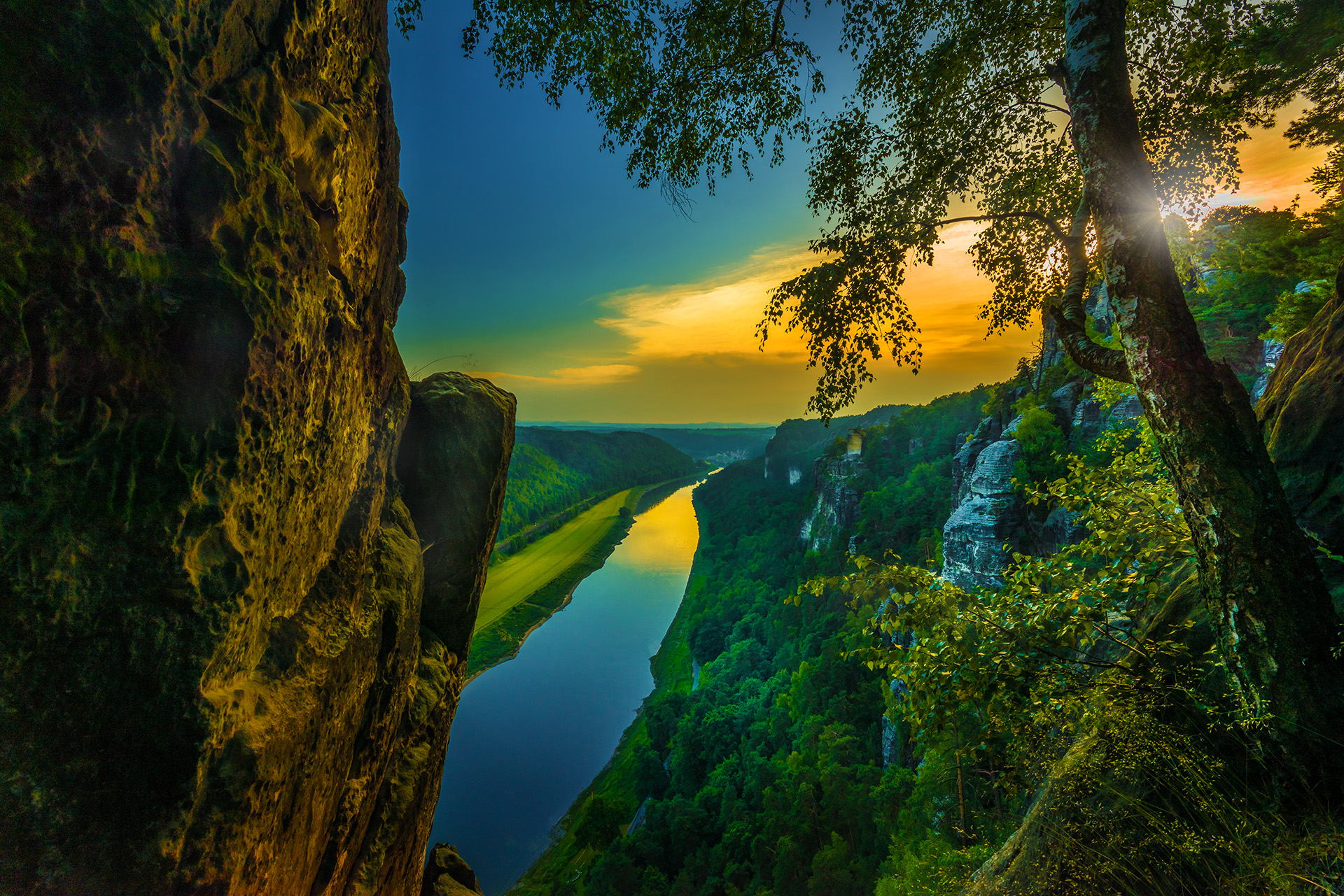 Free download wallpaper Landscape, Nature, Forest, Tree, Sunrise, Earth, River on your PC desktop