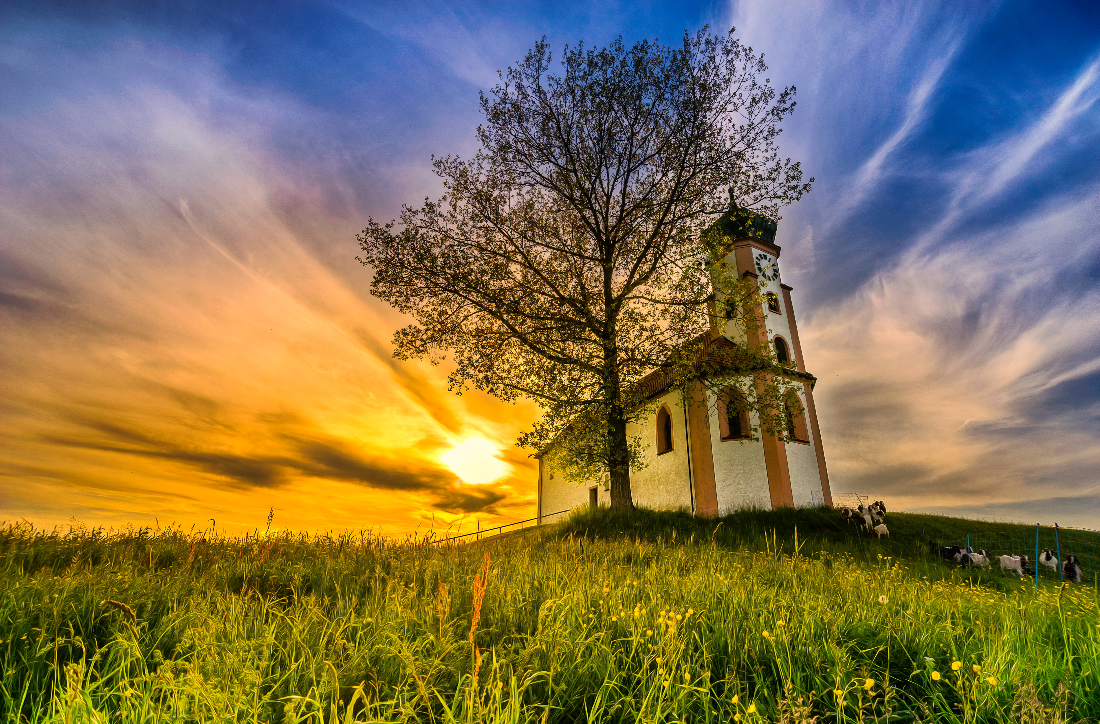 Free download wallpaper Sunset, Tree, Field, Hill, Church, Churches, Man Made, Religious on your PC desktop