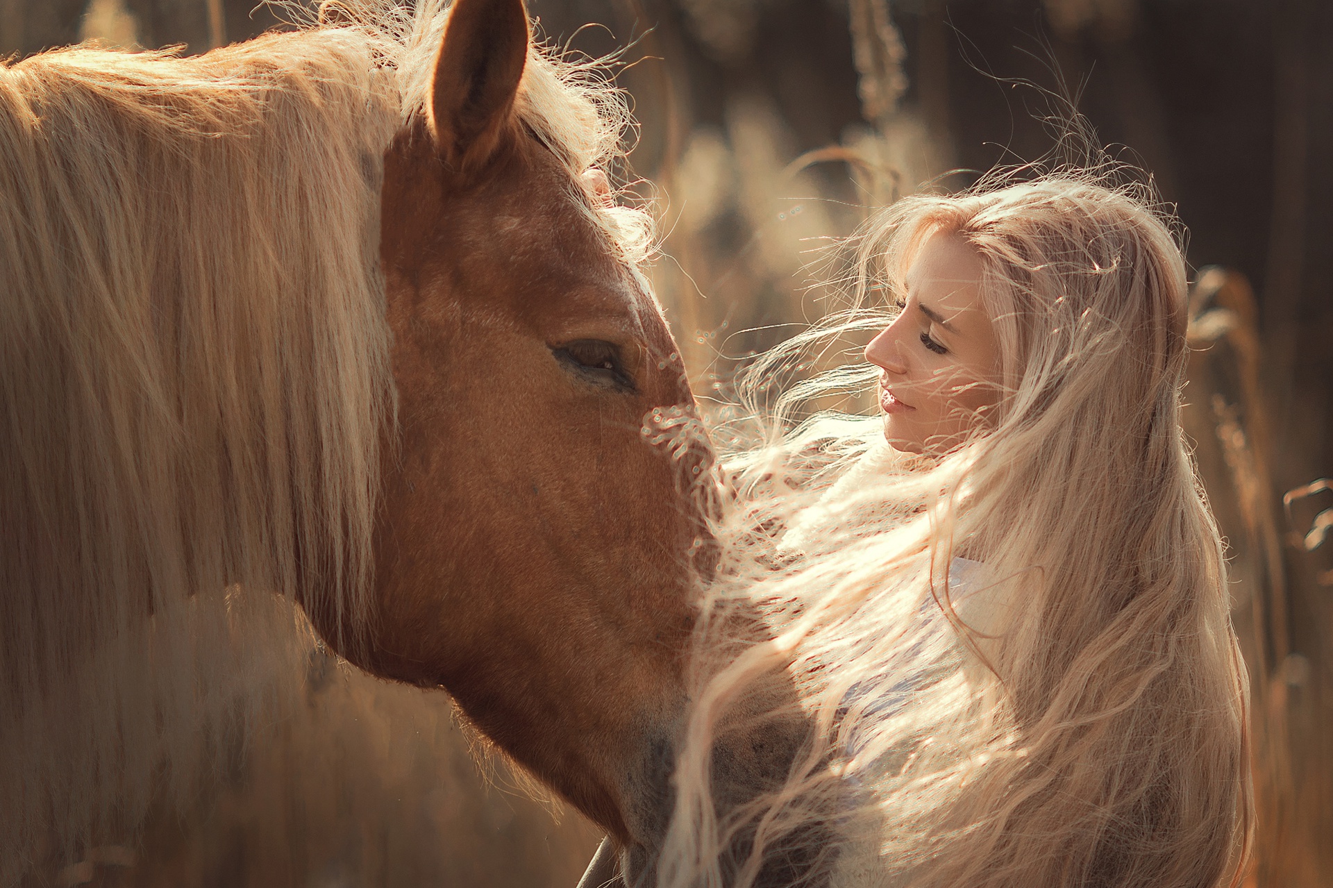 Descarga gratuita de fondo de pantalla para móvil de Caballo, Modelo, Mujeres, Pelo Largo, Rubia, Estado De Ánimo.