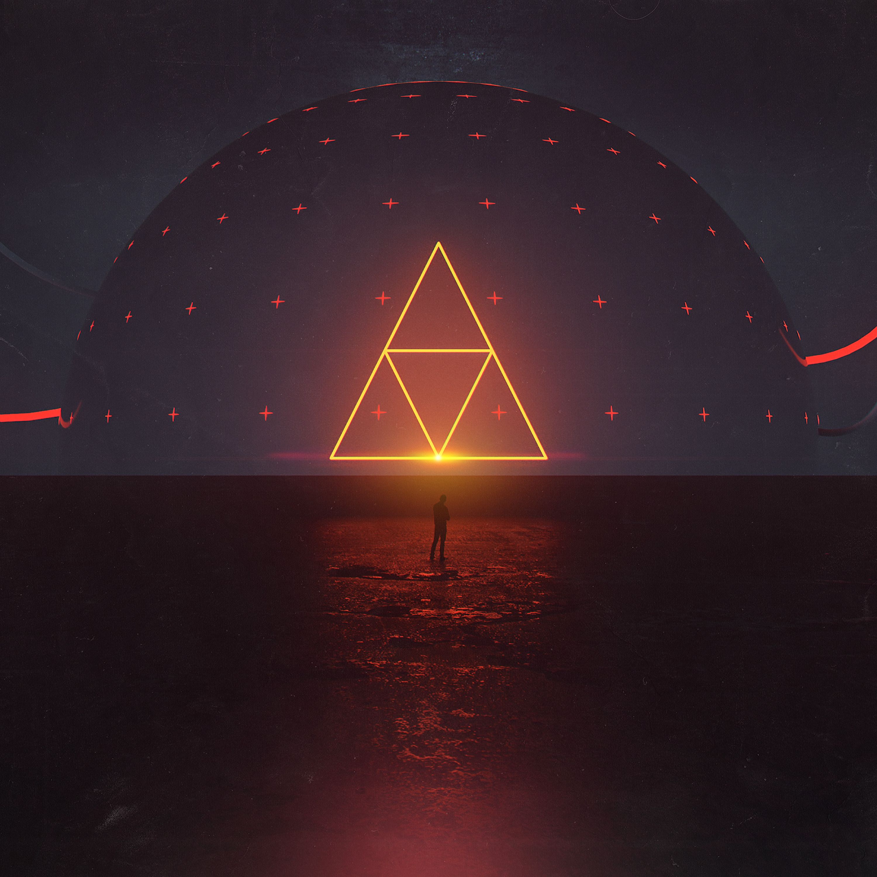 art, triangle, silhouette, planet, glow HD wallpaper