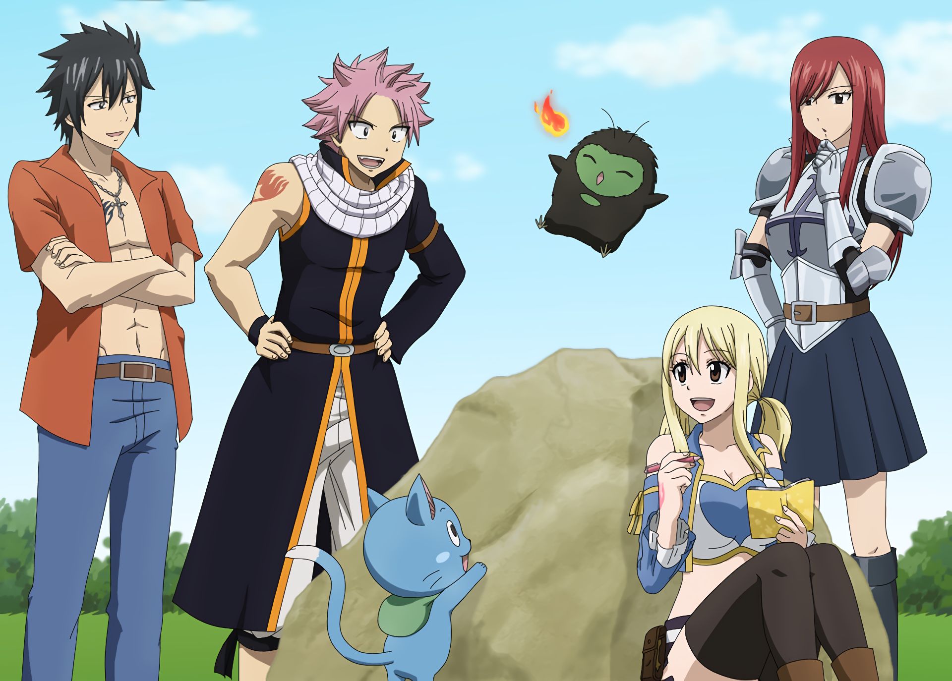 Download mobile wallpaper Anime, Fairy Tail, Lucy Heartfilia, Natsu Dragneel, Erza Scarlet, Gray Fullbuster, Happy (Fairy Tail) for free.