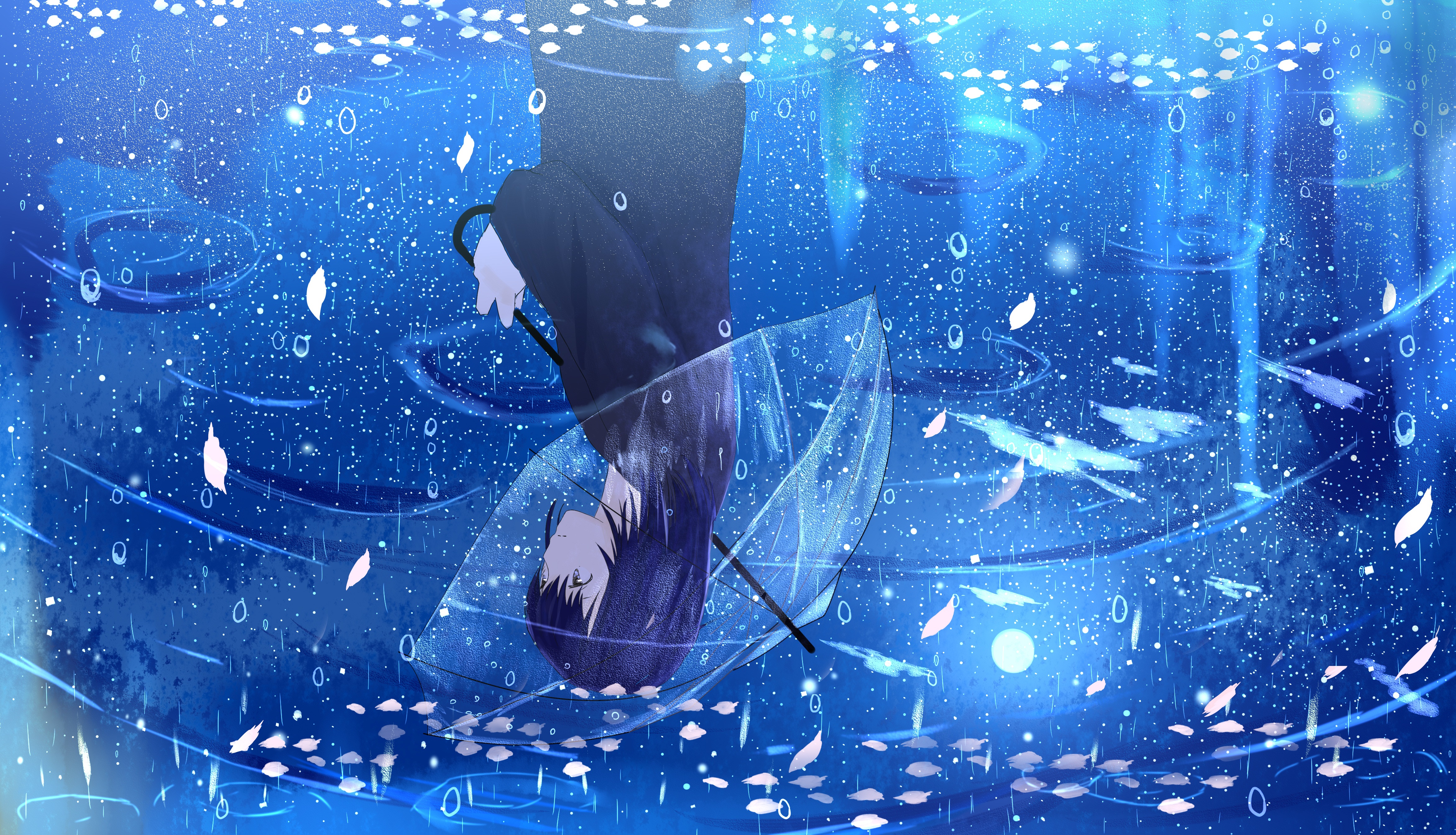 Download mobile wallpaper Anime, Rain, Reflection, Umbrella, Original, Purple Hair for free.