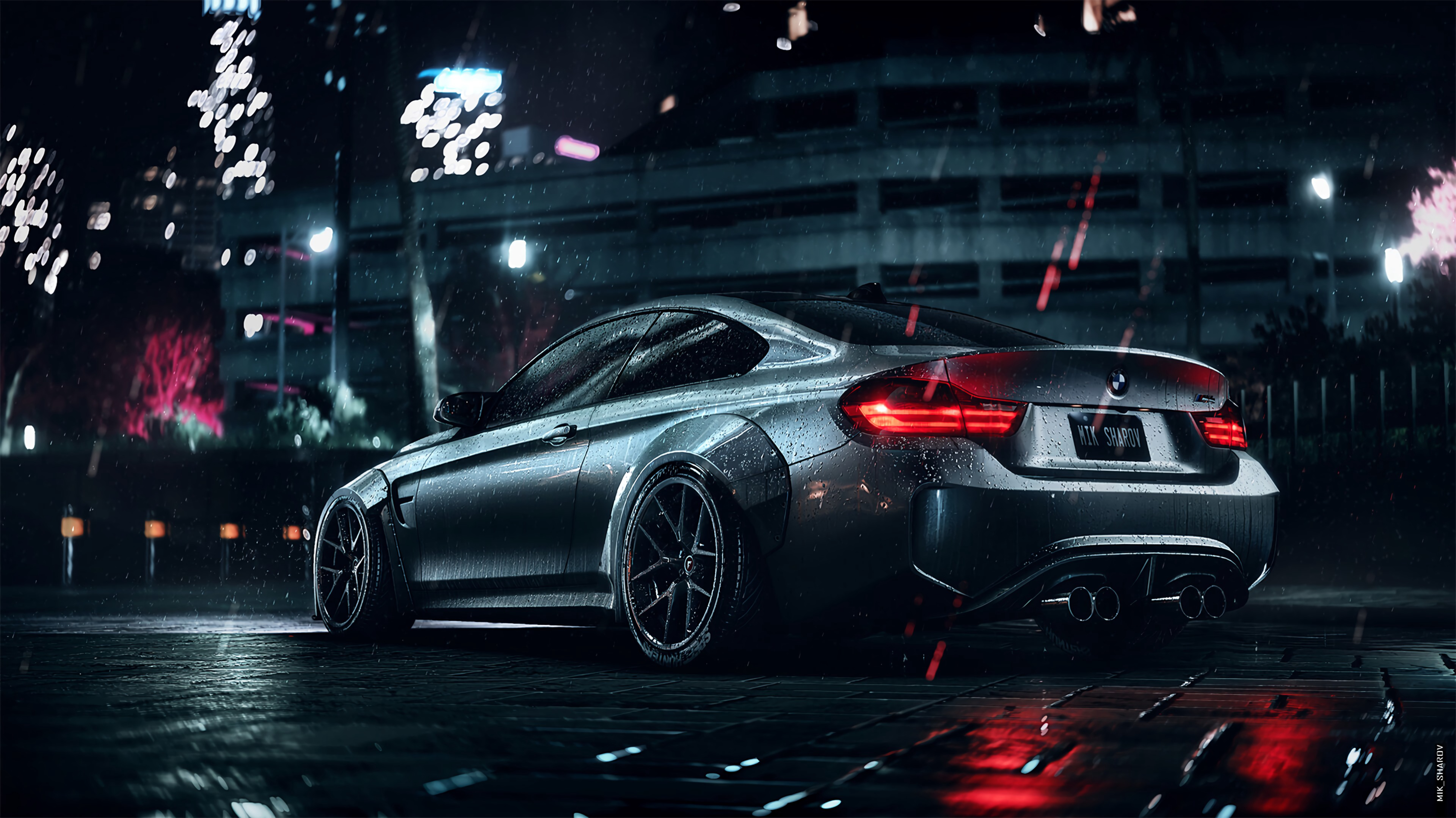 sports, car, cars, night, bmw, wet, machine, grey, metallic, coupe, compartment